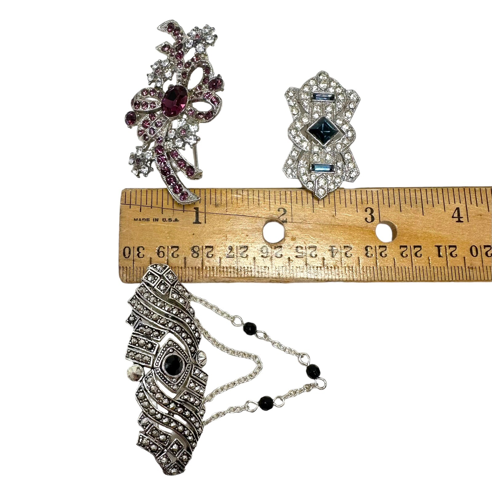 Vintage Lot Of 3 Silver Tone Rhinestone Brooch Pins Purple Blue Dangle