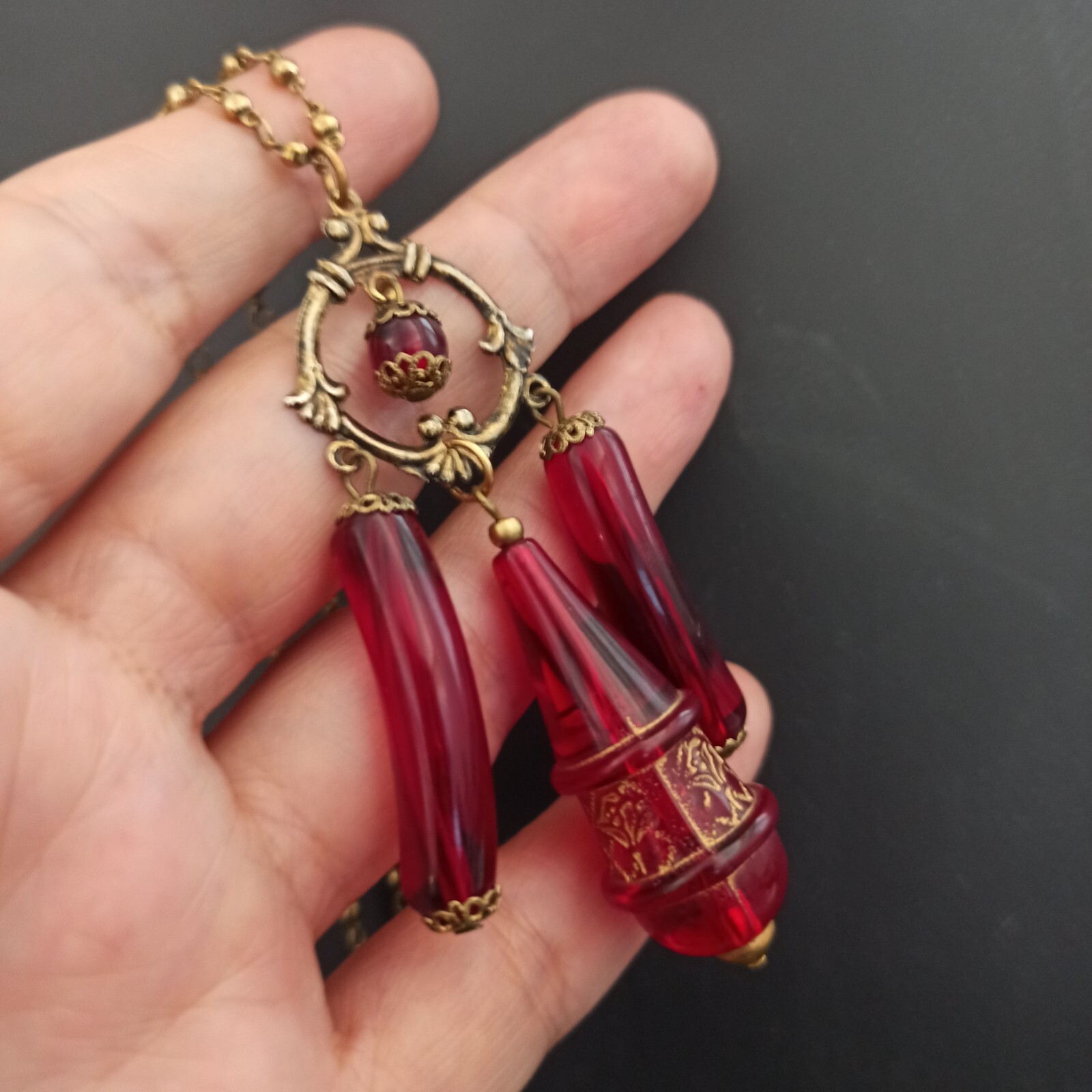 Vintage Red Necklace Rosary Beaded Tassel Long Lucite Art Deco Revival 23″ Boho