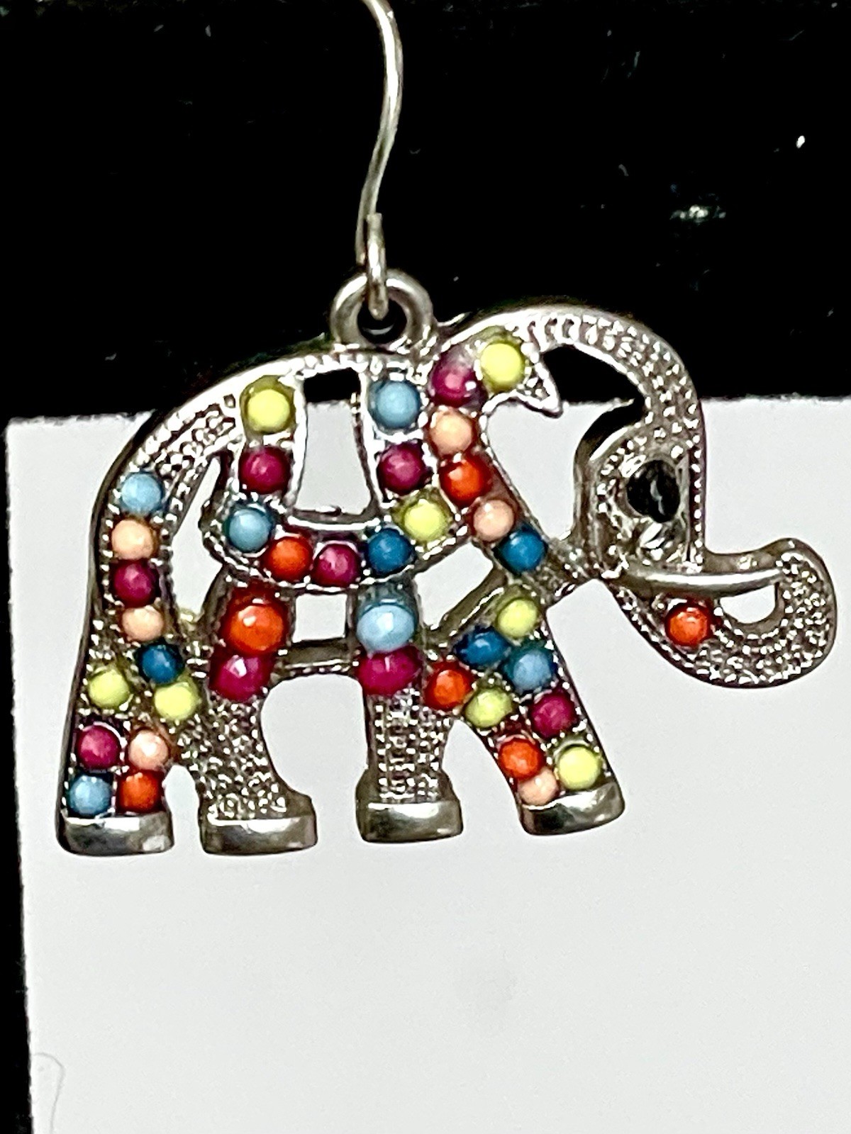 Vintage Elephant Dangle Earrings Silver Tone Multicolor Beaded Boho Hippy Global