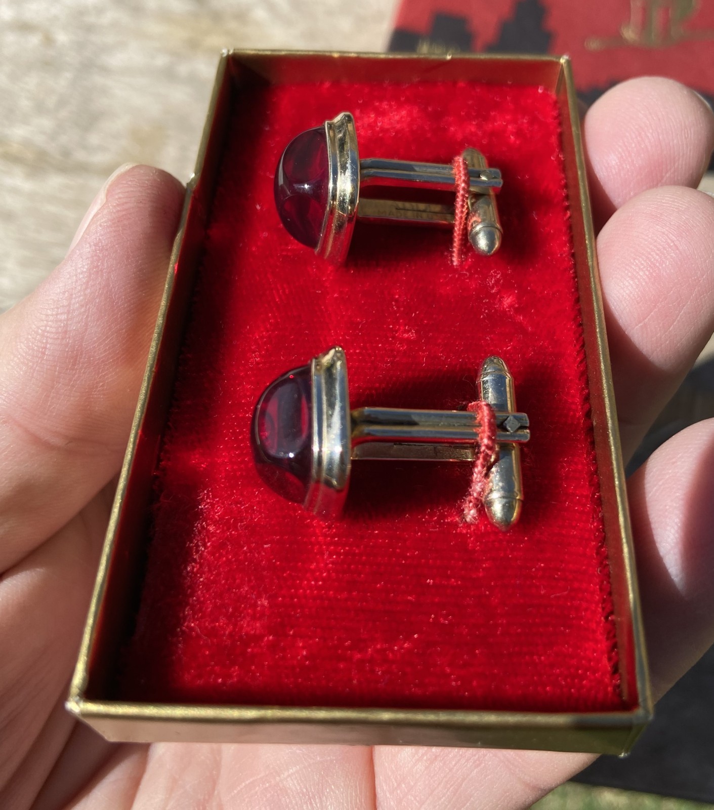 Vintage HADLEY Simulated Red Gemstone Cufflinks Original Box & Jeweler’s Label