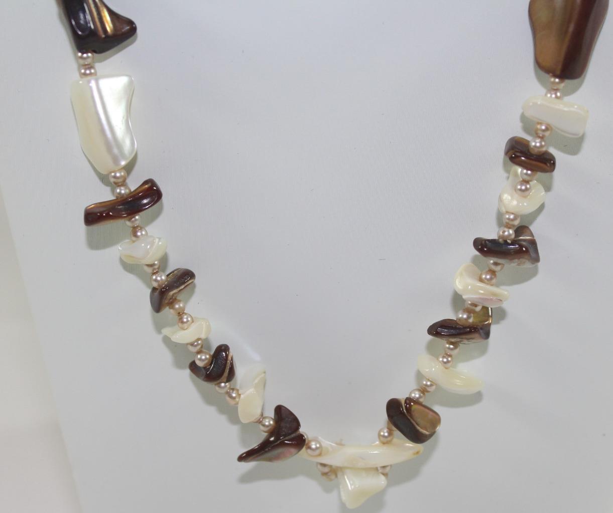 Vintage Brown & White Stone Necklace & Clip On Earring Set w/Faux Pearls ~ Japan