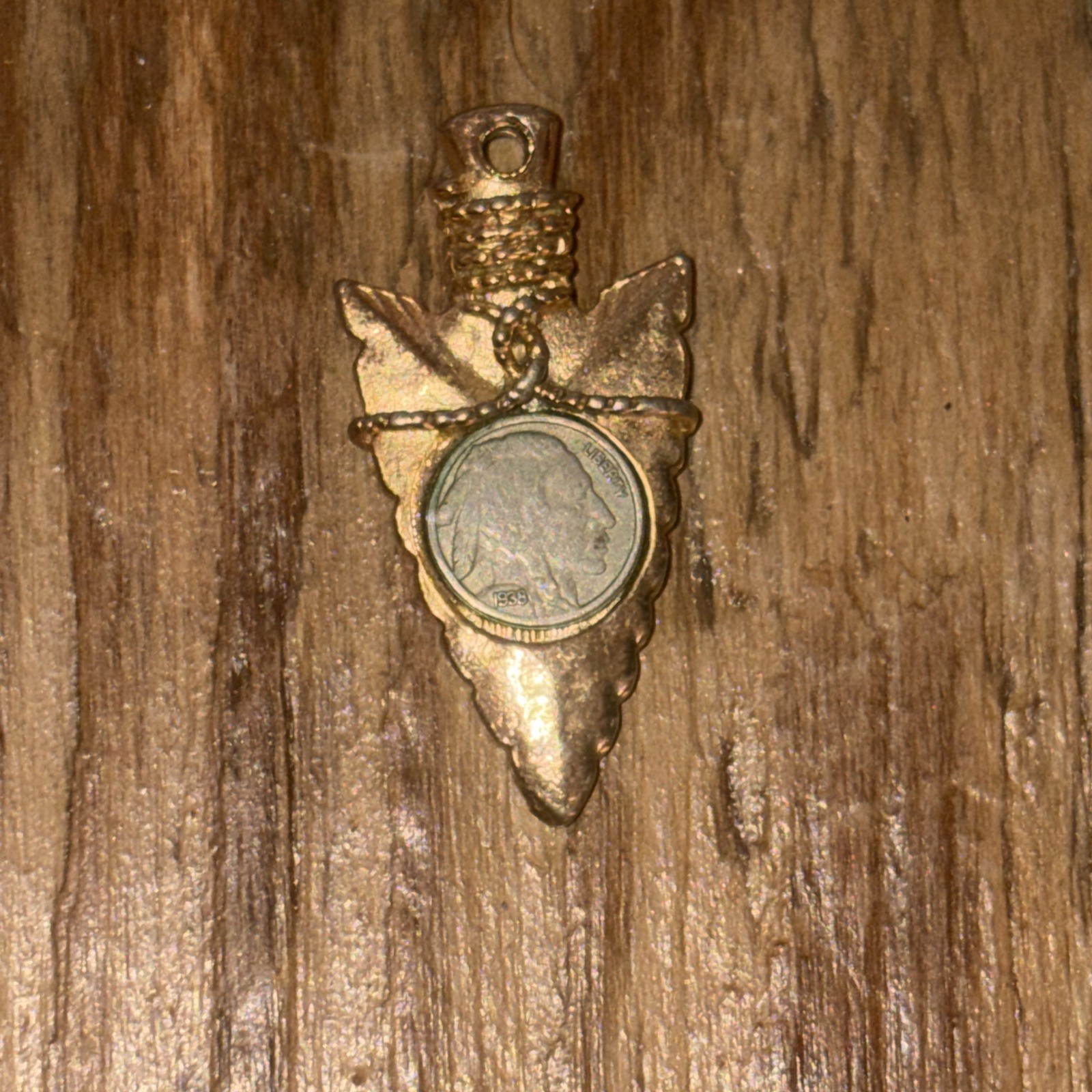 Vintage Miniature 1938 Buffalo Nickel Arrowhead Pendant Gold Tone Metal