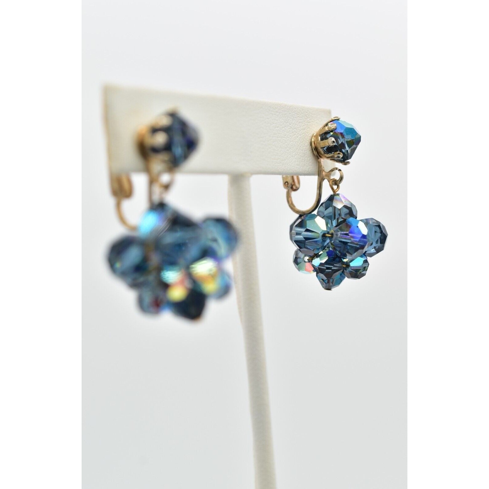 Laguna Vintage Clip On Crystal Earrings Dangle Navy Blue Drop Signed 1950s A24