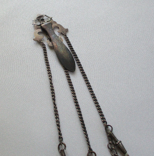 Vintage Fleur de Lis Belt Hook Chatelaine with Chains and Attachments