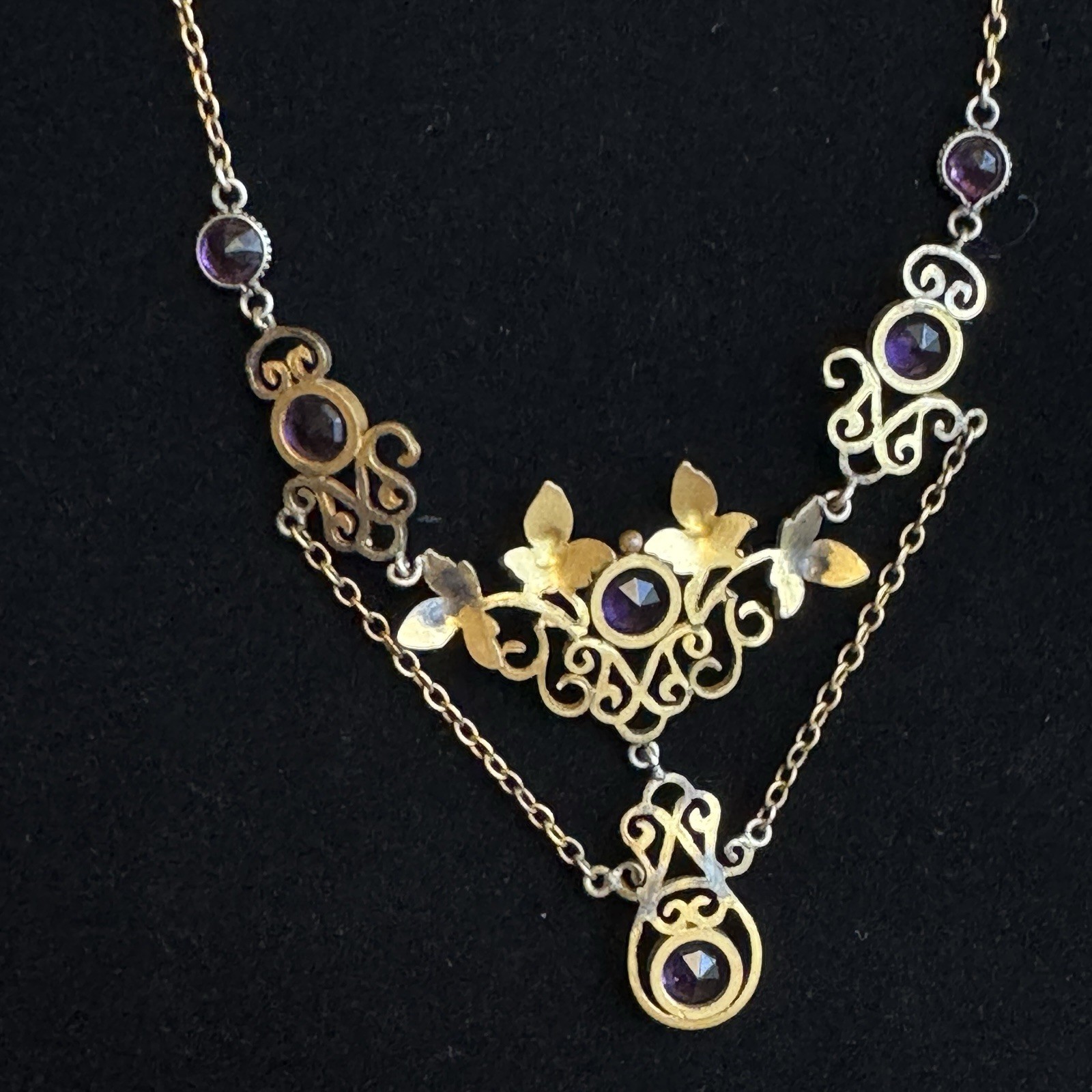 Vintage 12K GF Art Nouveau Revival Festoon Necklace Purple Glass Ivy Leaves