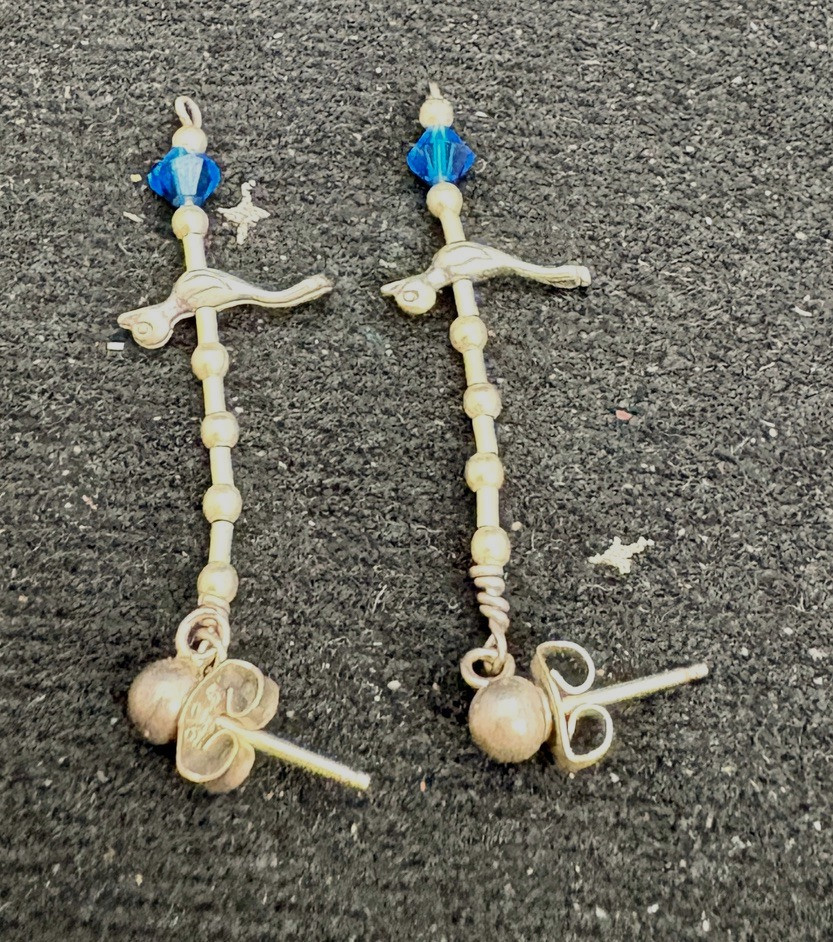 VTG Sterling Silver Earrings Dangle w/A Bird Charm & Blue Crystal Post 1.5″ 1.8G