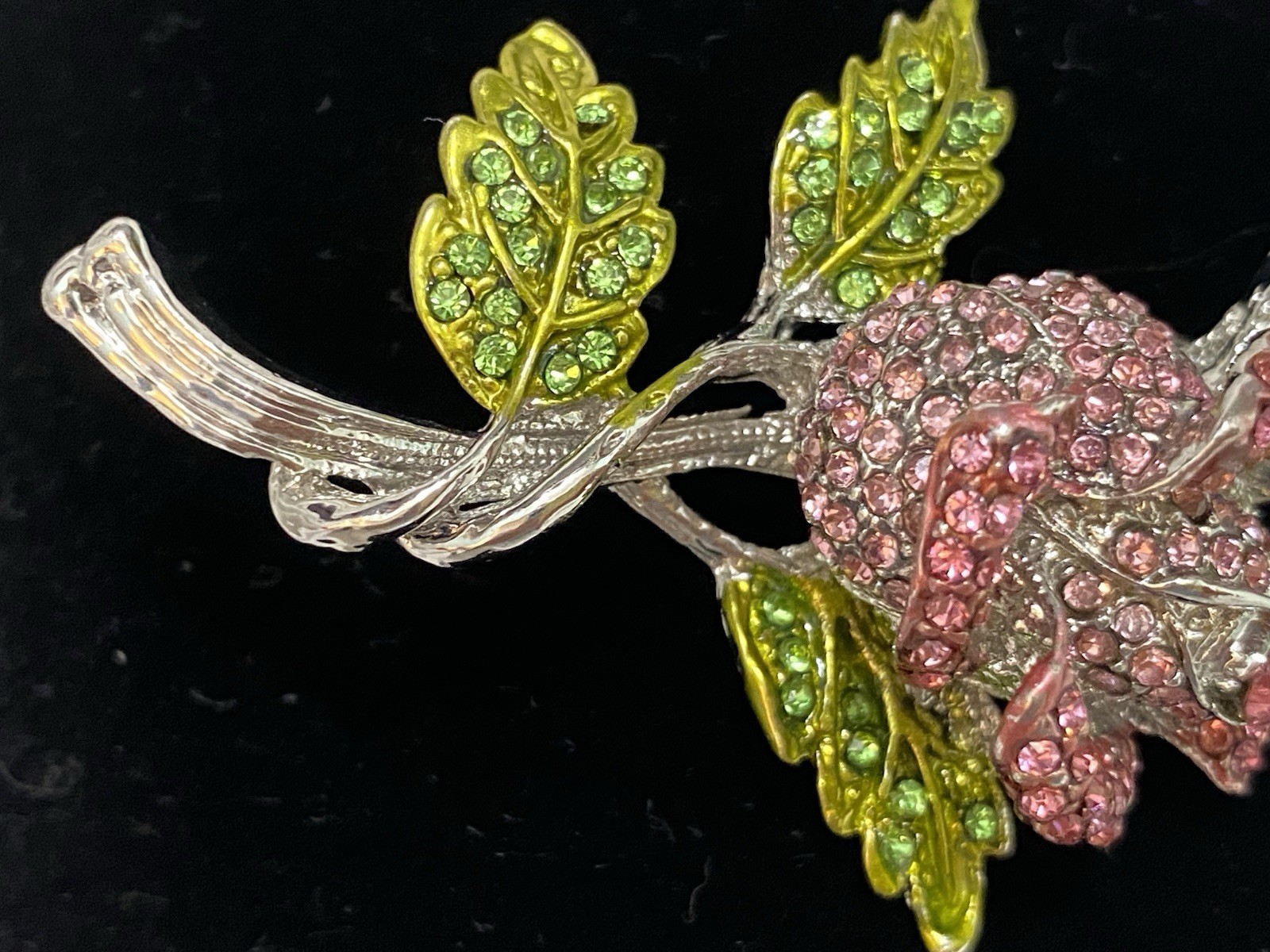 Stunning Large Vintage Pink And Green Sparkling Stones Flower Brooch