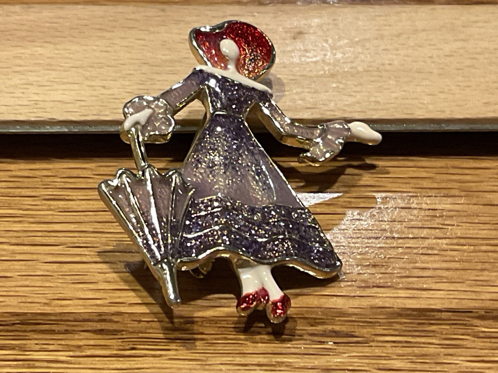 Vintage Lady in Dress Enamel Brooch/Pin w/Red Hat & Shoes, Umbrella – Gold Tone