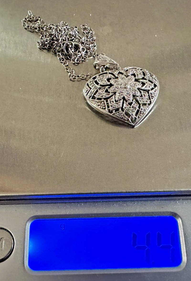 Vintage Sterling Silver Diamond Flower Heart Pendant Necklace 18″