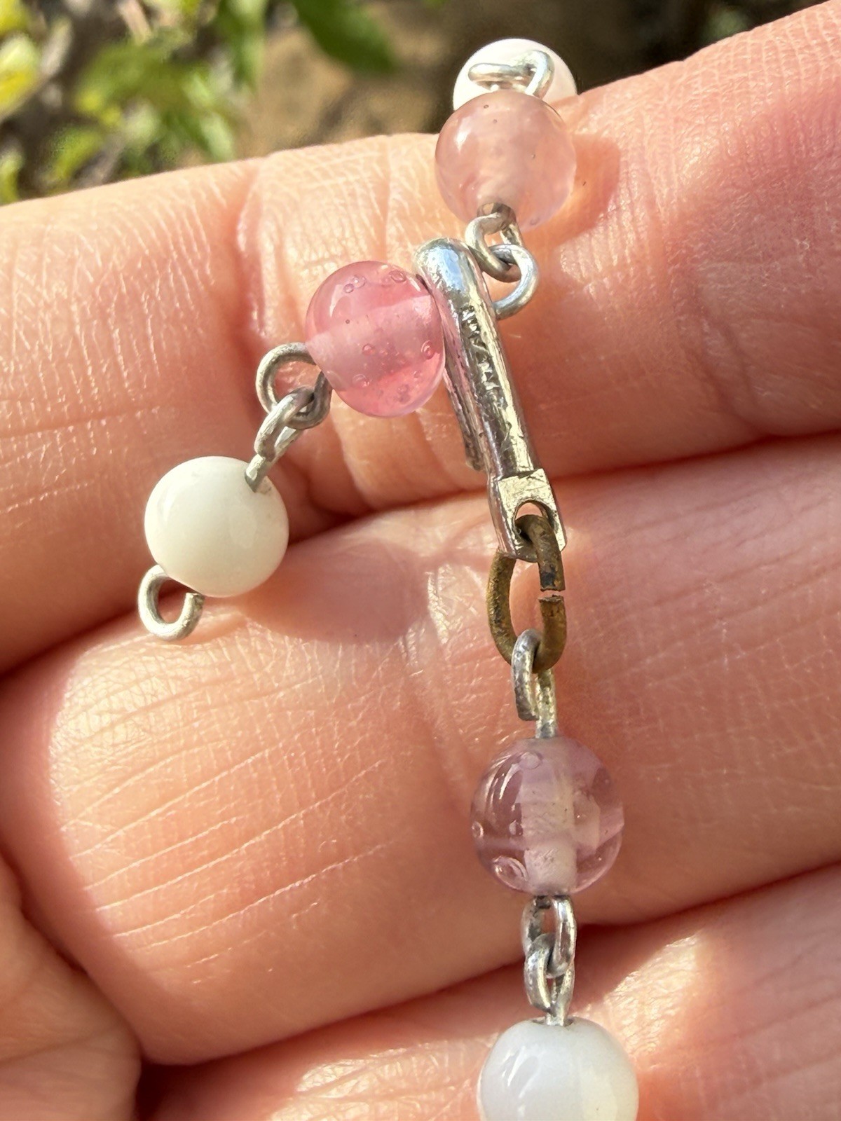 Vintage Japan Pink, Purple, White Glass Bead Necklace 4 Strand Layer Silver Tone