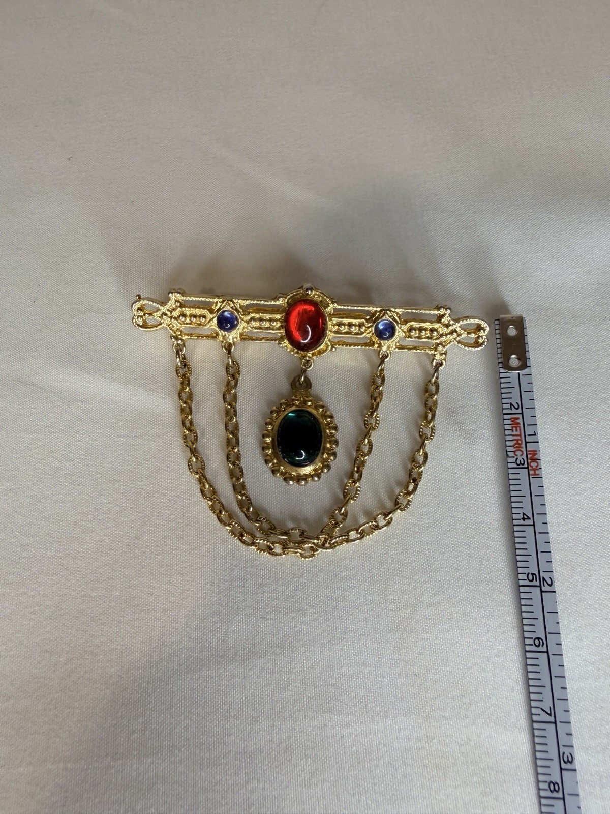 Vintage French Mogul Gripoix Regal Beauty Blue Red & Green Gold Tone Brooch