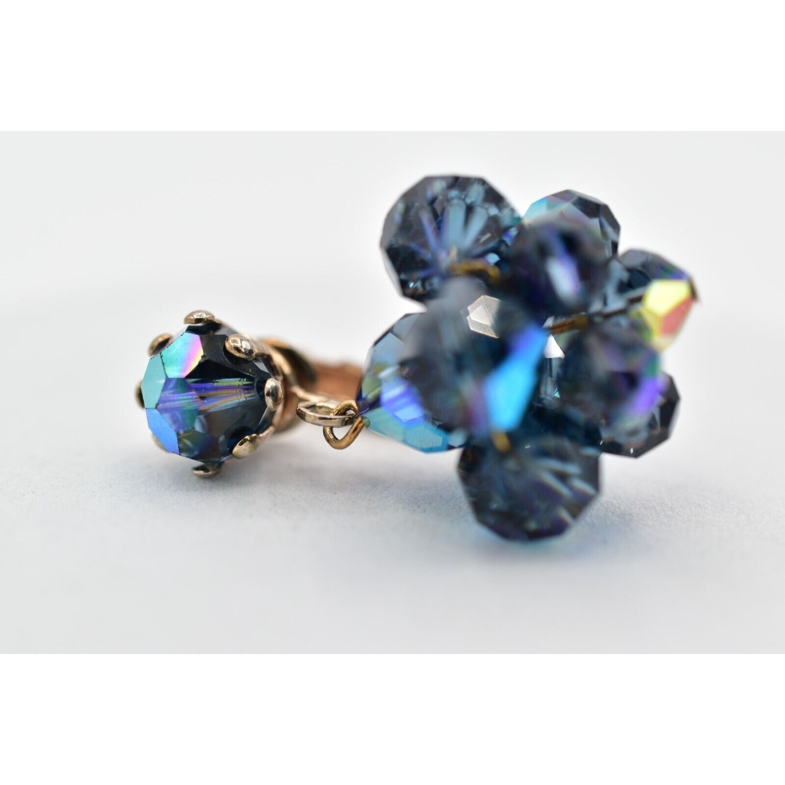 Laguna Vintage Clip On Crystal Earrings Dangle Navy Blue Drop Signed 1950s A24
