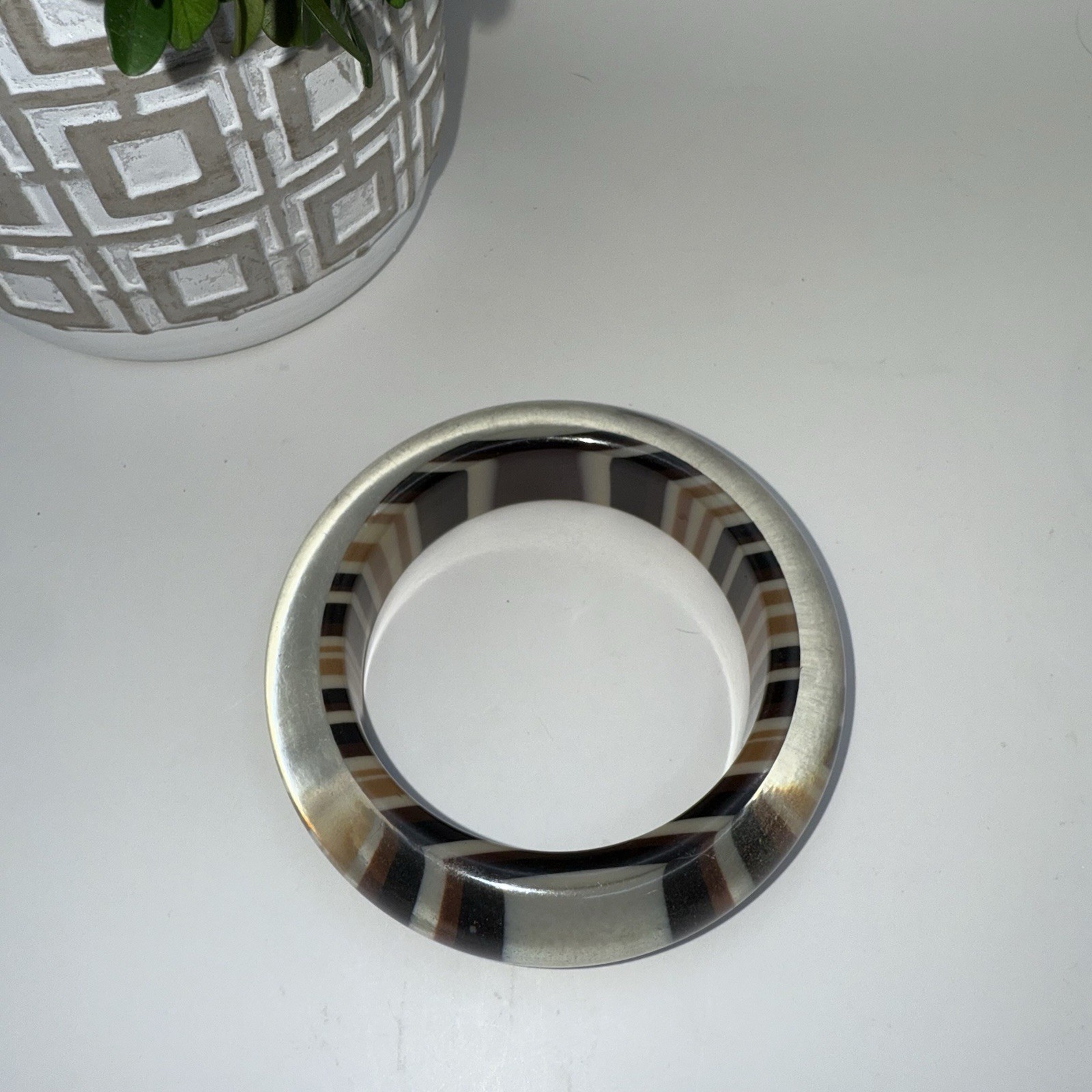 Vintage Wide Lucite Bangle Bracelet Brown Cream Black Striped 1980s Statement