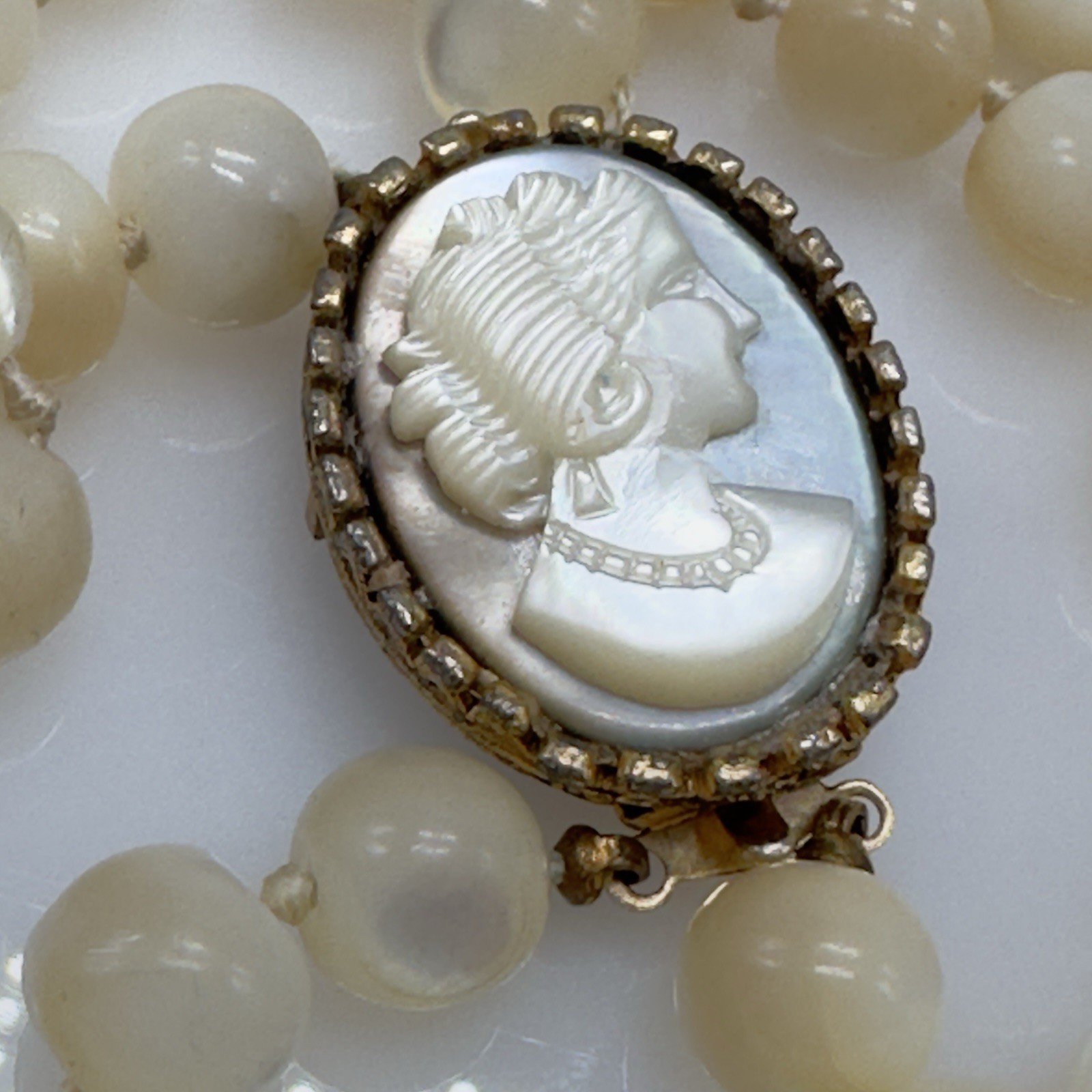 Vintage Mother of Pearl Cameo Clasp MOP Beaded Necklace Double Strand 8mm