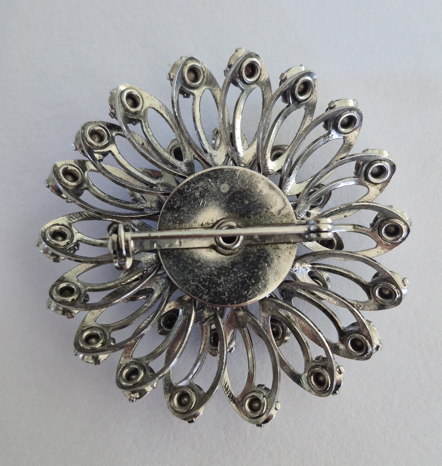 Vintage Pin Brooch Flower Design Silver tone Crystals in Pinks, Purples, Browns