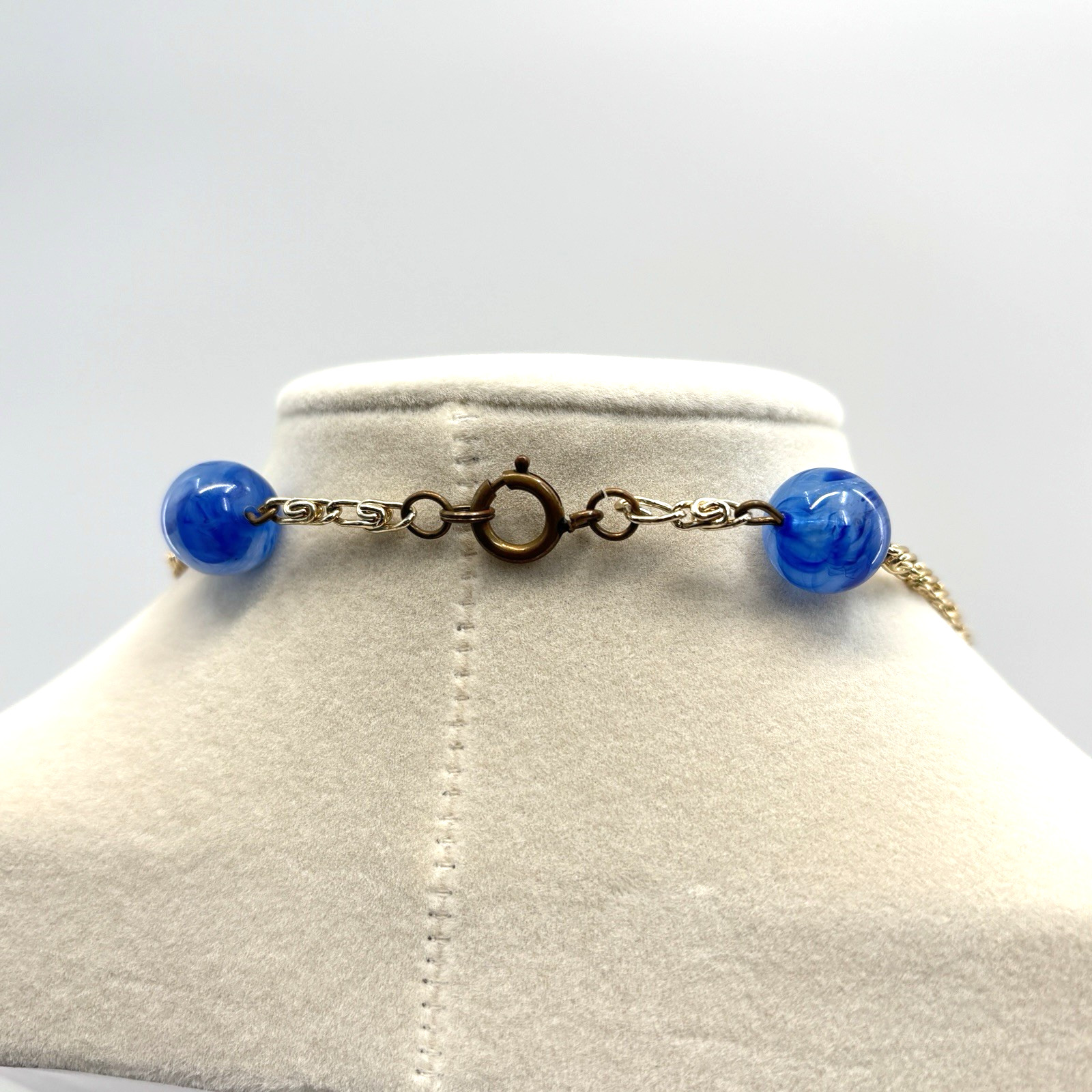 VTG Necklace Gold Tone Blue Marbled Beads 26″ Modern Art Nouveau Style