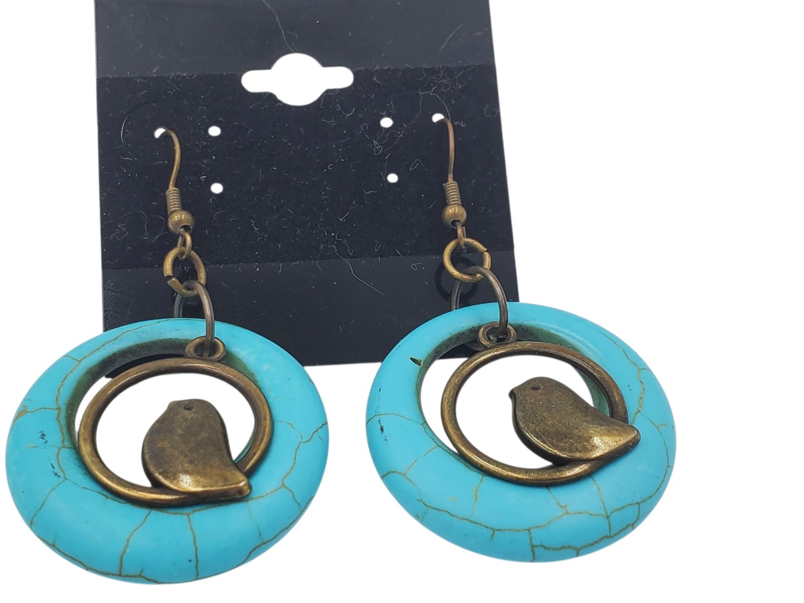 Vintage Brass and Blue Dyed Howlite Circles Dangle Bird Hook Pierced Earrings