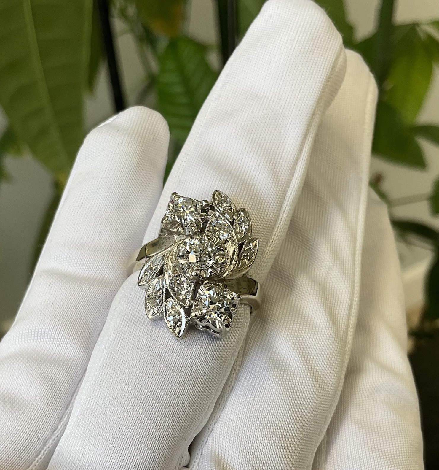 ANTIQUE RETRO NATURAL OLD EUROPEAN CUT DIAMOND COCKTAIL RING 14K WHITE GOLD