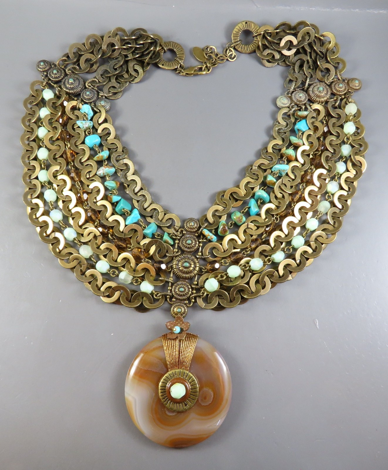 VTG Satellite Beaded Necklace BRONZE TONE Turquoise AGATE PENDANT Blue Brown
