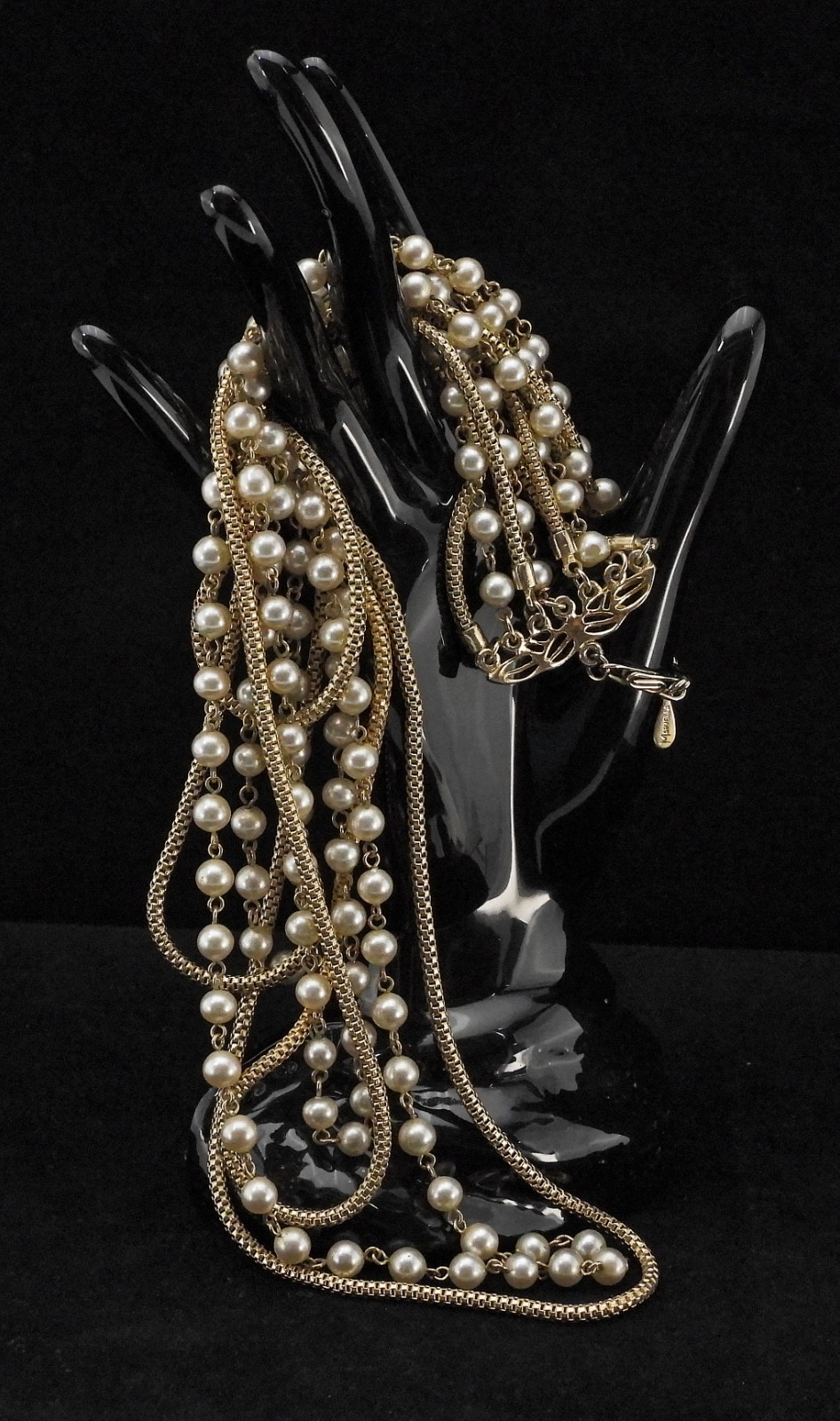 Vtg Signed MARVELLA Multi Strand Gold Tone Faux Pearl Necklace Boho Statement