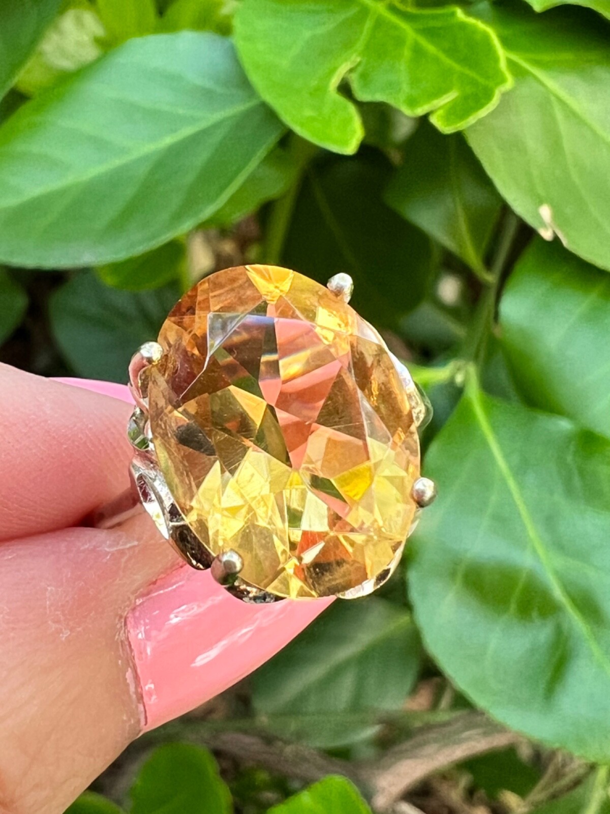 VINTAGE LARGE OVAL HONEY GOLDEN CITRINE STATEMENT RING GILDED 925 STERLING SLVER