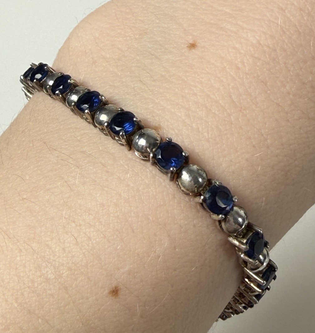 Vintage Sterling Silver Blue Glass Tennis 7” Bracelet Dee Berkley DBJ