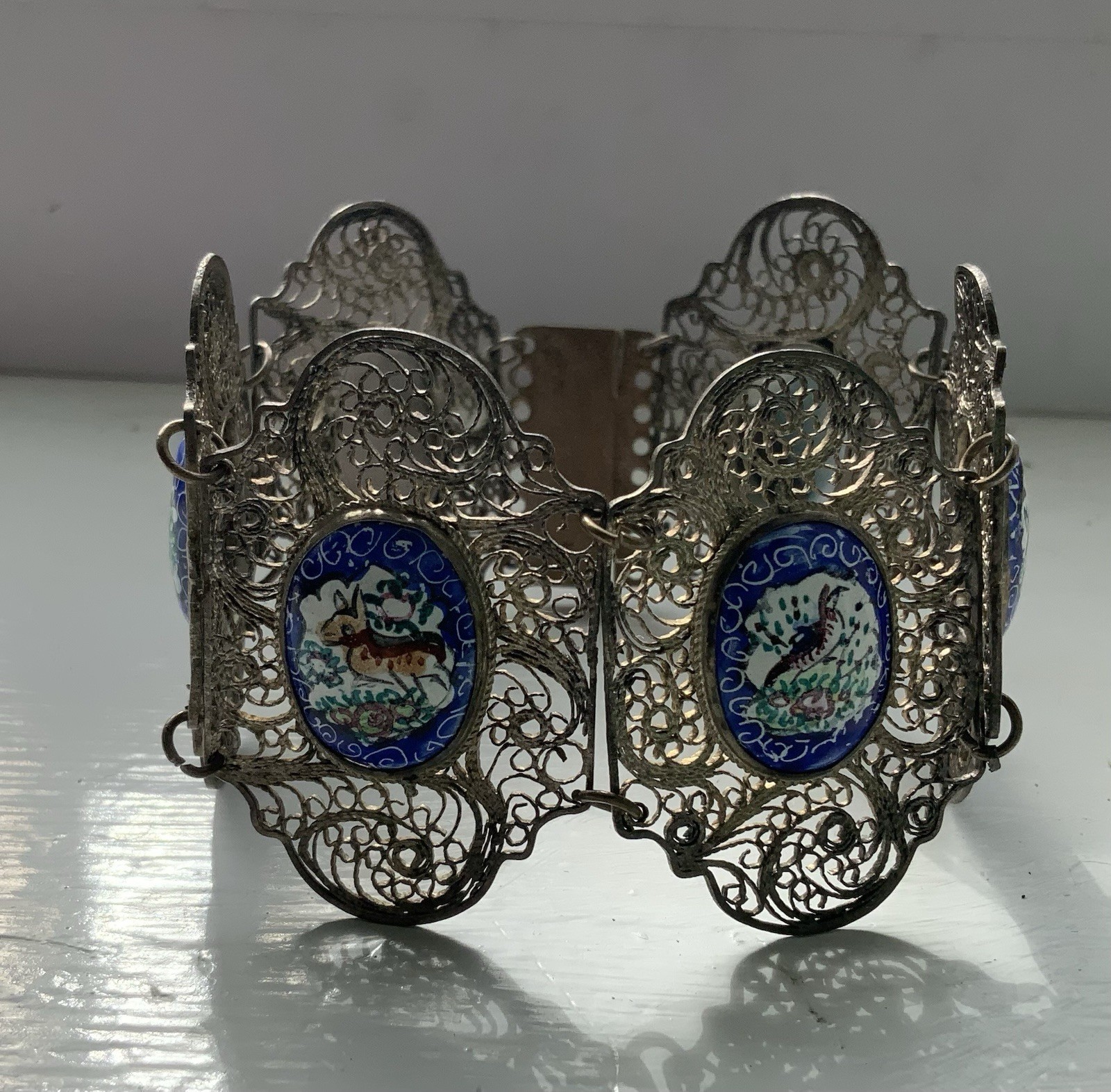 Vintage Chinese Silver Intricate Filigree Enamel Animals Plaques Story Bracelet