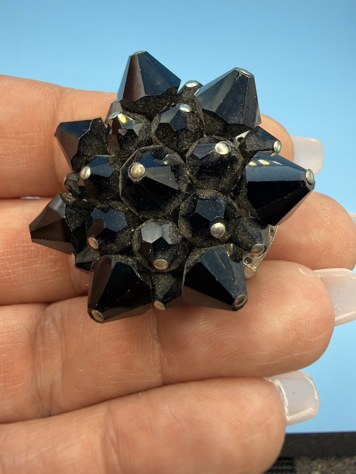 Vintage Black Faceted Glass Flower Star Pin Brooch 1 1/2 inches Across