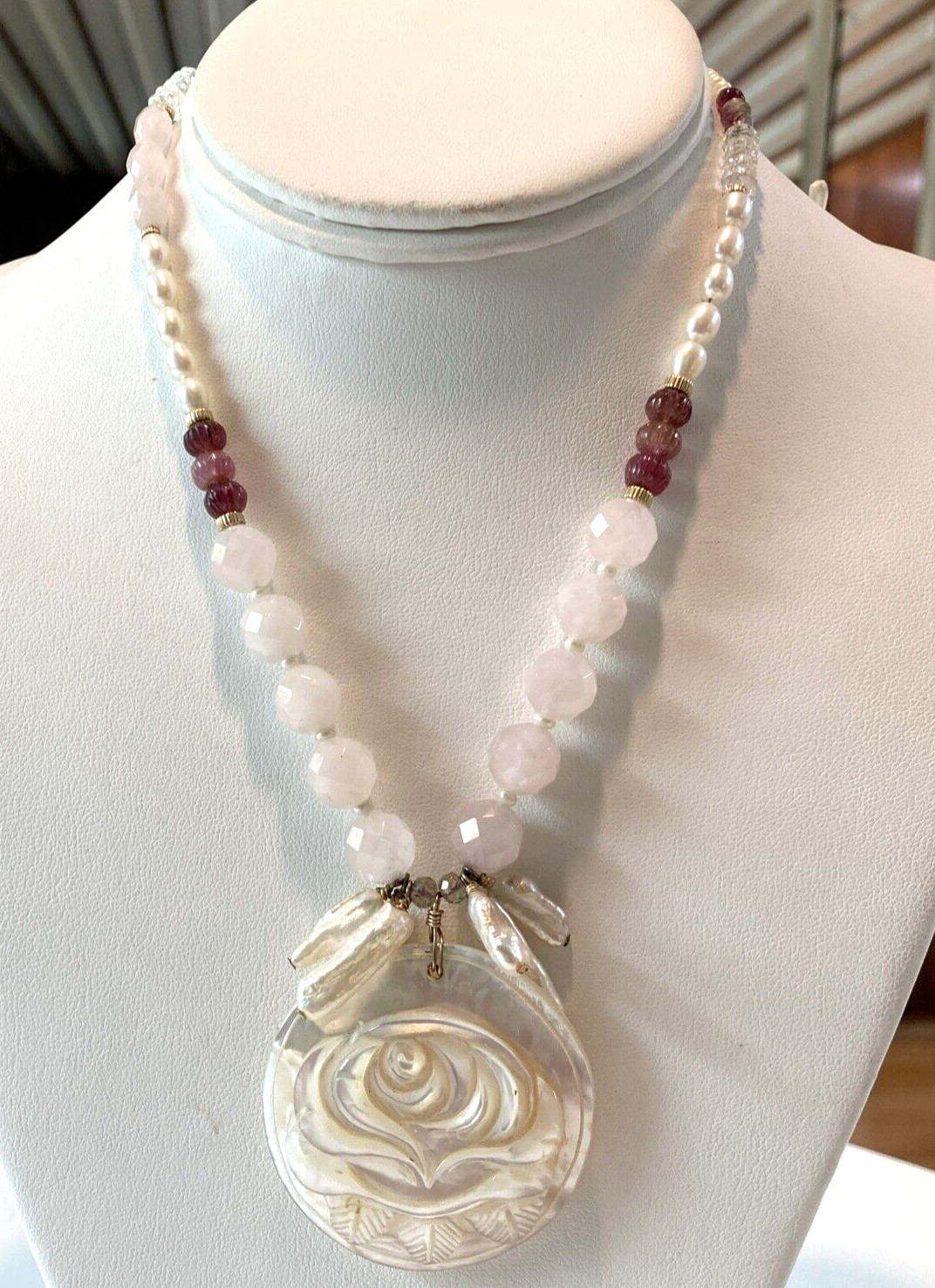 Vintage Rose Quartz Carved Mother of Pearl Tourmaline 18” Necklace 14/20 GF 44g