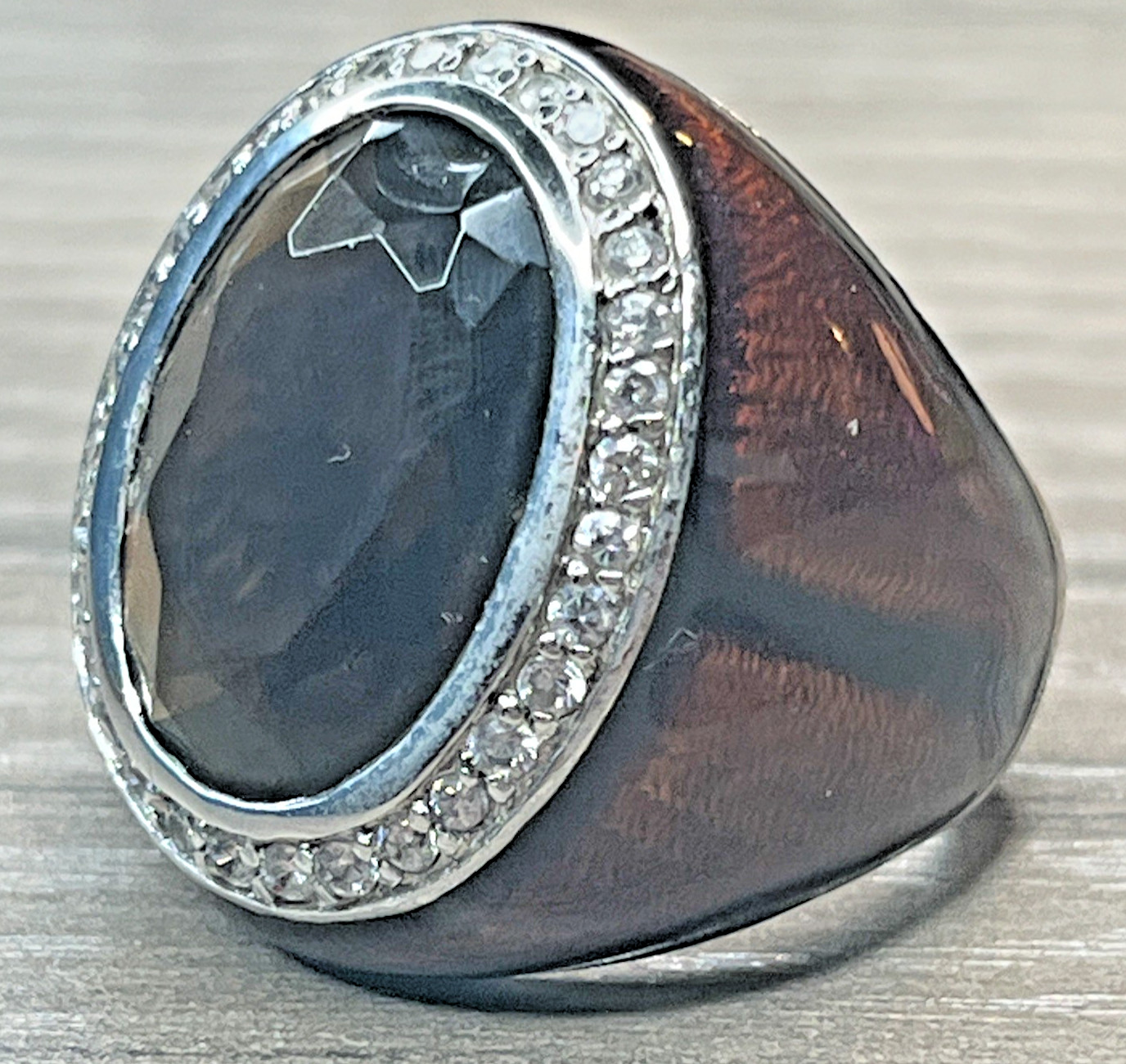 Men’s Vintage Pinky Ring Huge Brown Stone Enamel Rhinestone Halo Silvertone DBJ