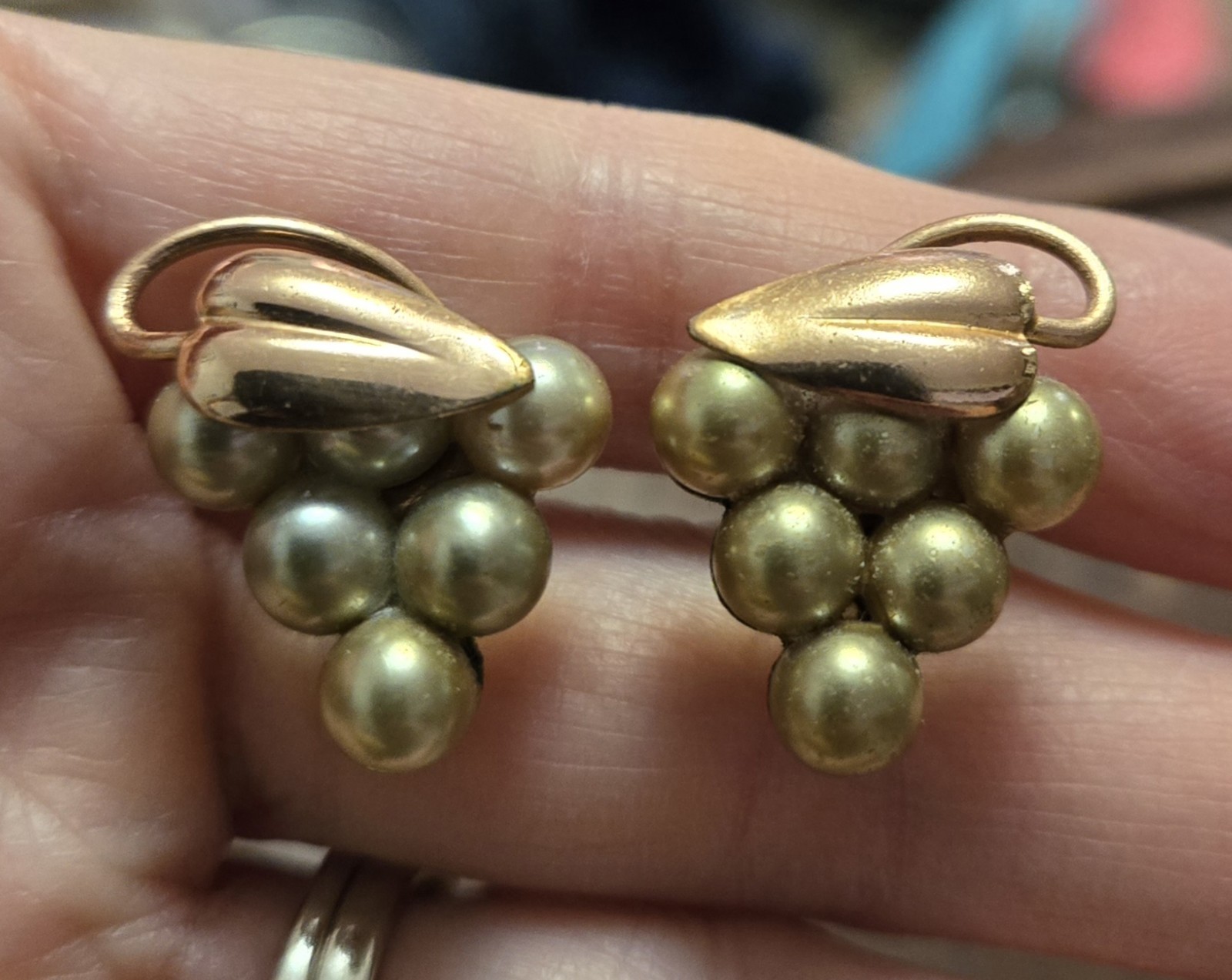 Vintage Copper Plated Two-tone Bunch Of Grapes Earrings Screw Back