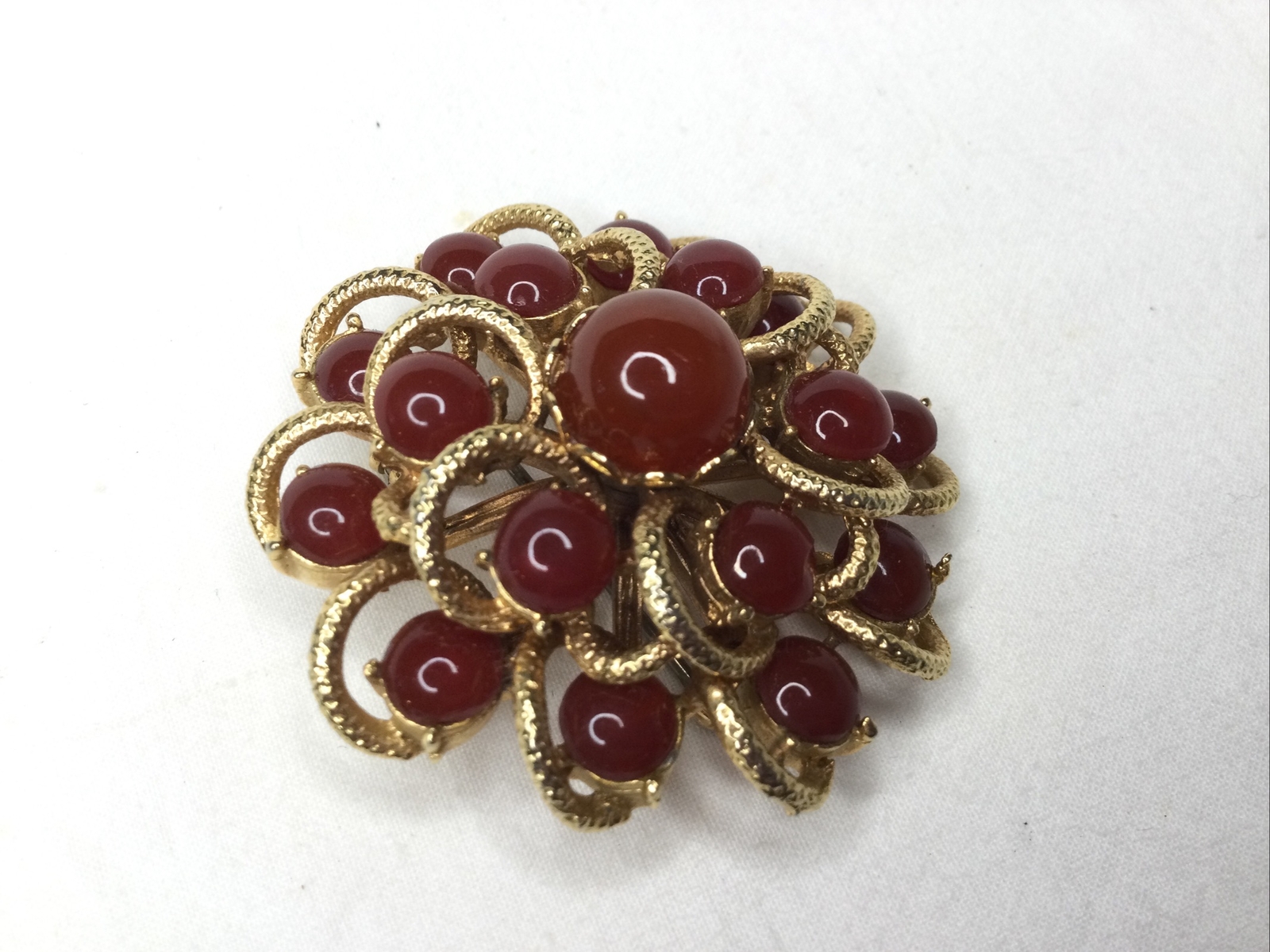Vintage Sunburst Flower Swirl Brooch Pin Carnelian Goldtone 2” Multi Stone Retro