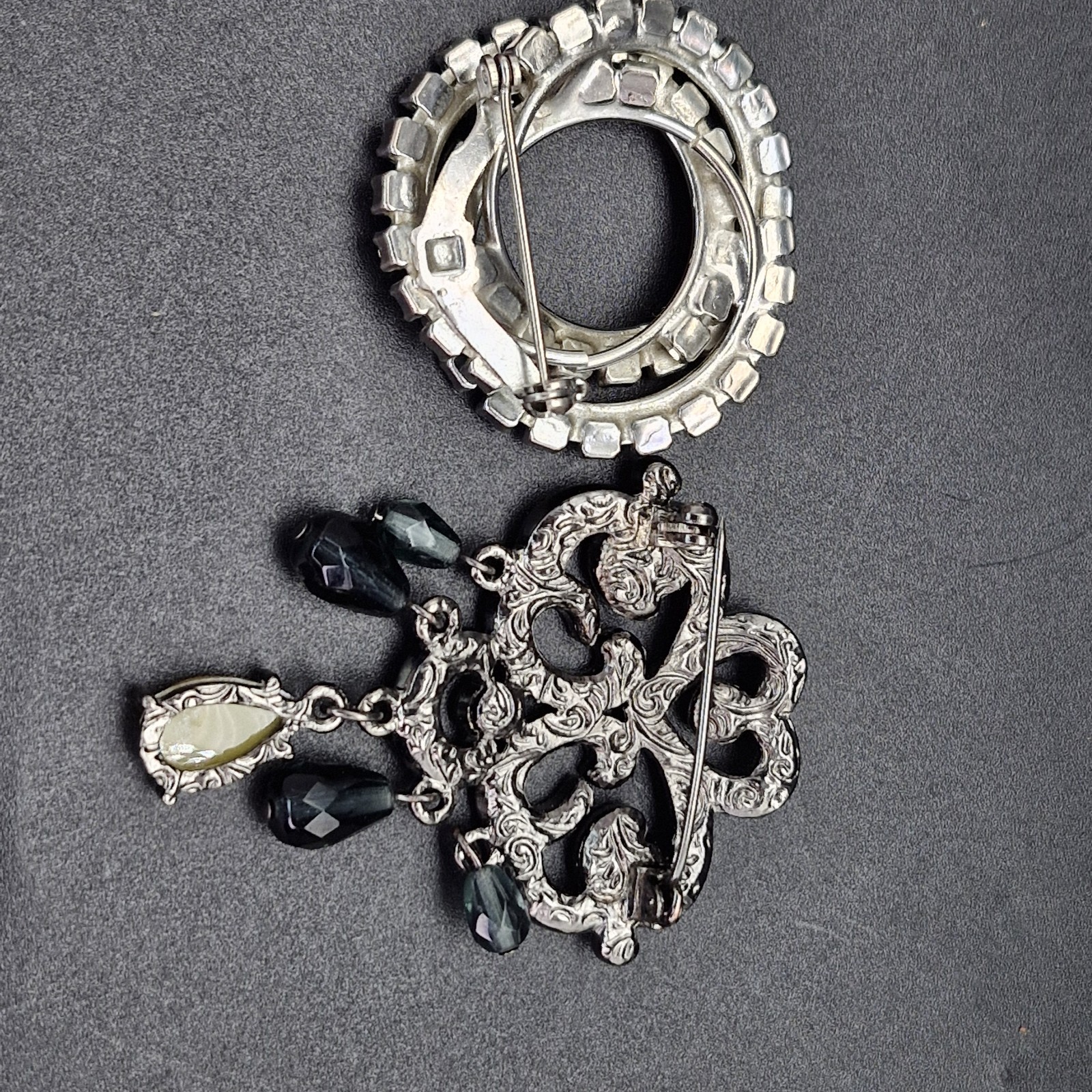 2 Vintage Silver Tone Sapphire Glass Rhinestone Brooches Deco Inspired 1.5-2″