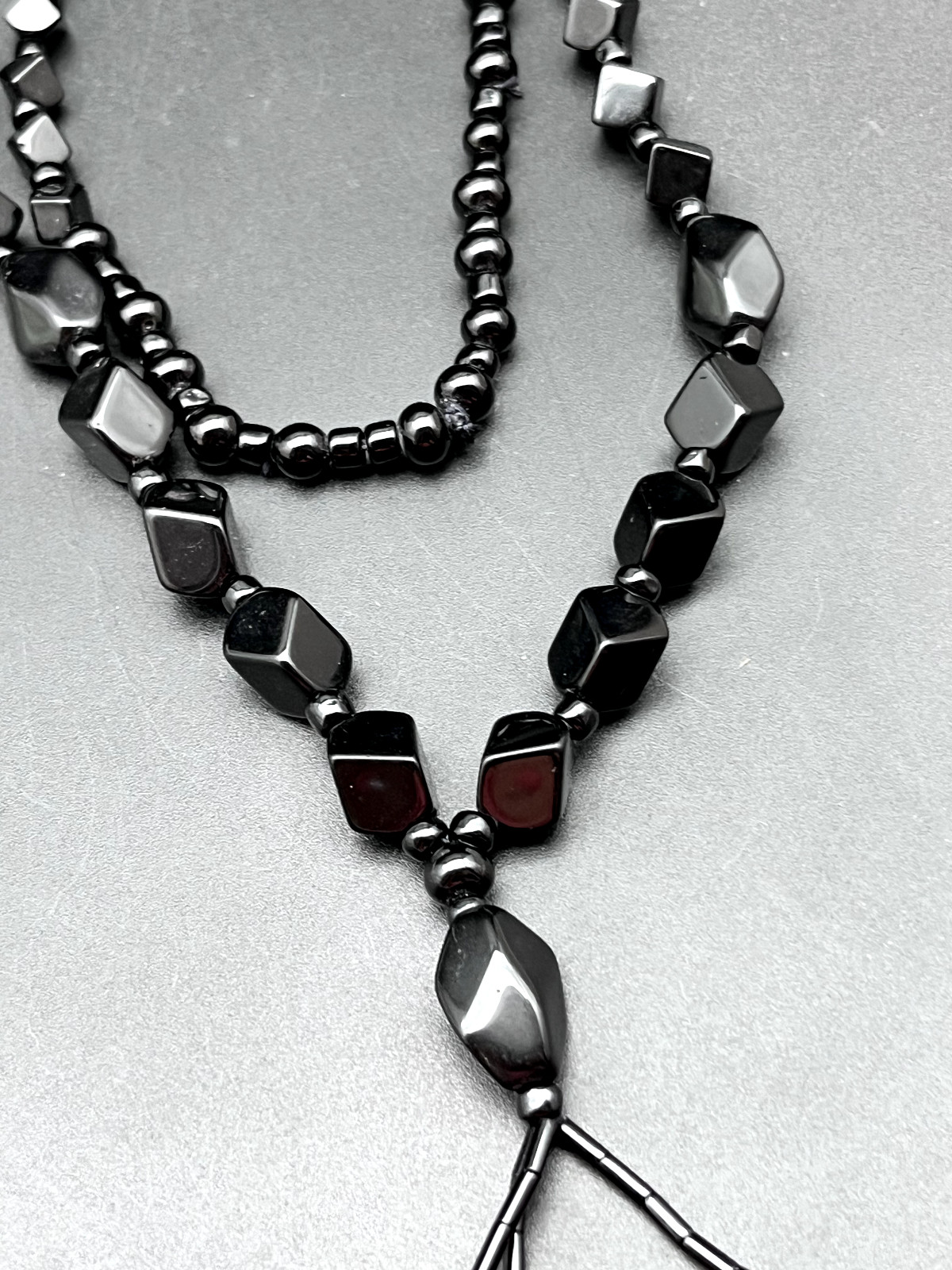 Vintage Long Cut Faceted Polished Black Glass Mourning Bead Tassel Necklace