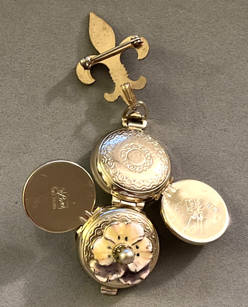 Vintage CORO Pegasus Fleu de Lis Enamel Pansy 4 Way Photo Pin Brooch Locket