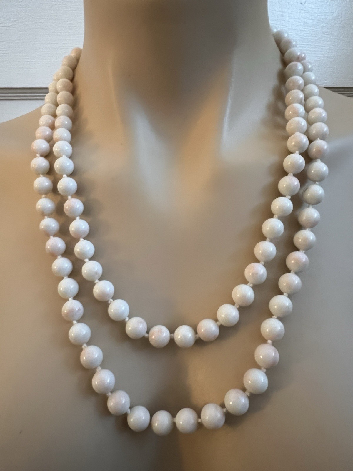 Vintage William De Lillo Faux Angel Skin Coral Knotted Bead 49 In Long Necklace