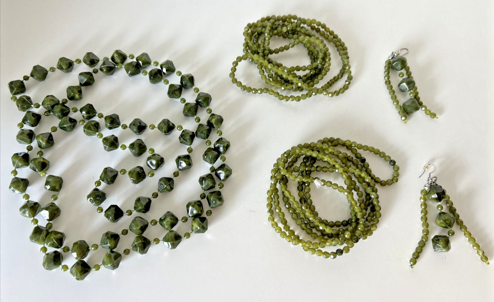 Vintage Long Lightweight Green Triple Beaded Necklace Earring Set