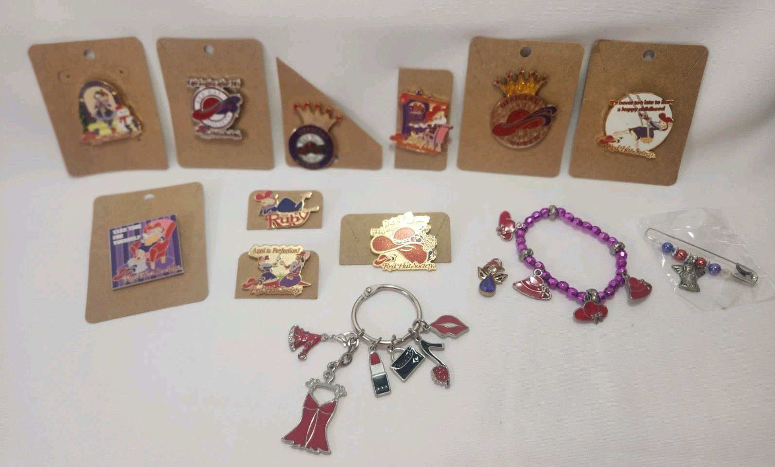 LOT VTG RED HAT SOCIETY LADY QUEEN JEWELRY PINS BRACELET 14 PC