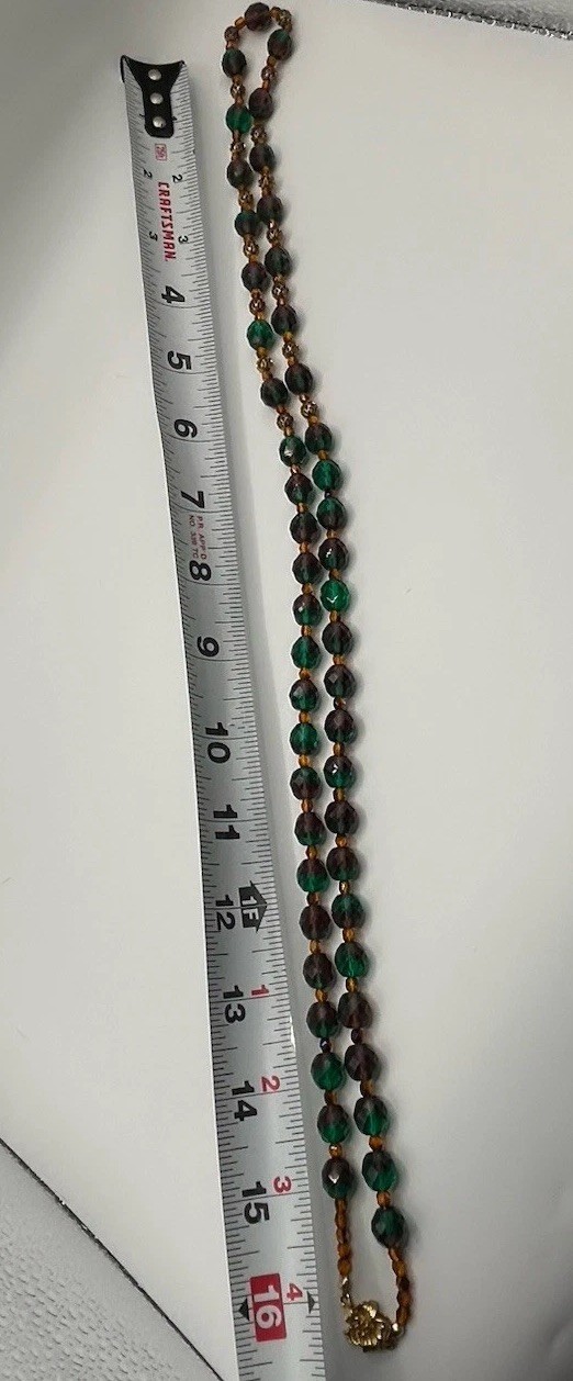 Vintage Retro Amethyst Green Fire Faceted Glass Beaded 33” Necklace