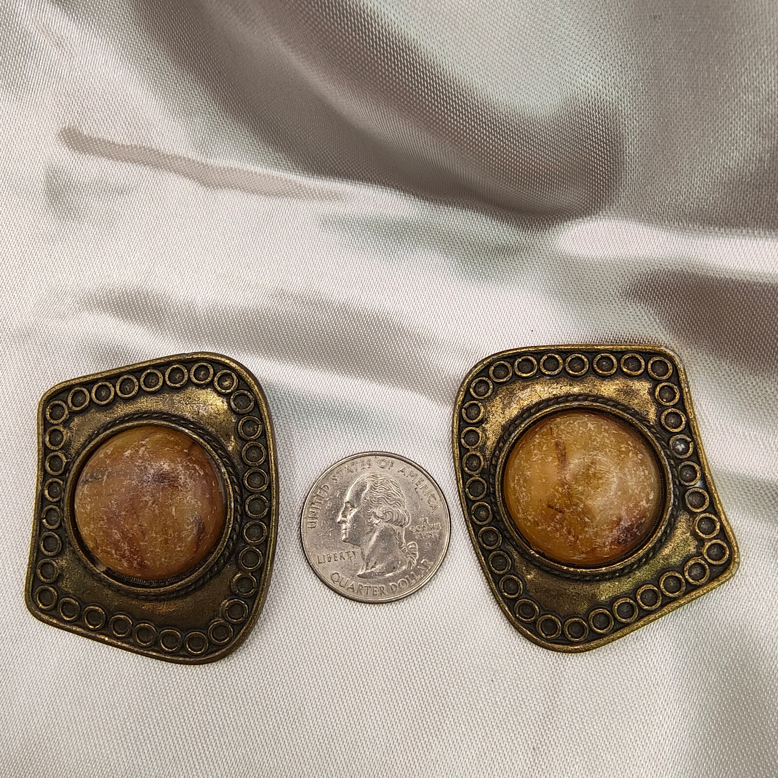 VTG Brutalist Earrings Clip On Brass Plated Unpolished Stone Ornamented Border