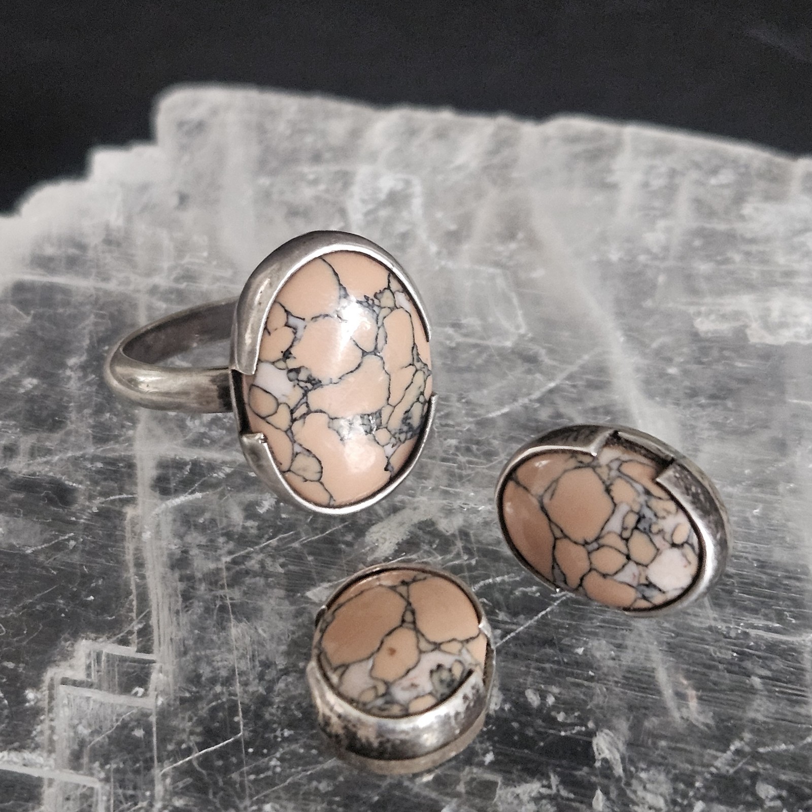 VTG Tortoise Shell Ring Earrings Sterling Silver 925 Jasper ATI Mexico Size 6.5