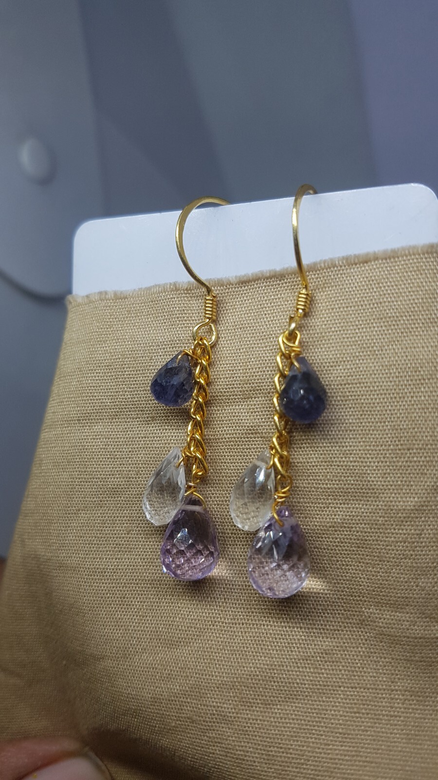 Iolite pink amethyst Clear quartz gemstone 925 sterling silver earrings jewelry