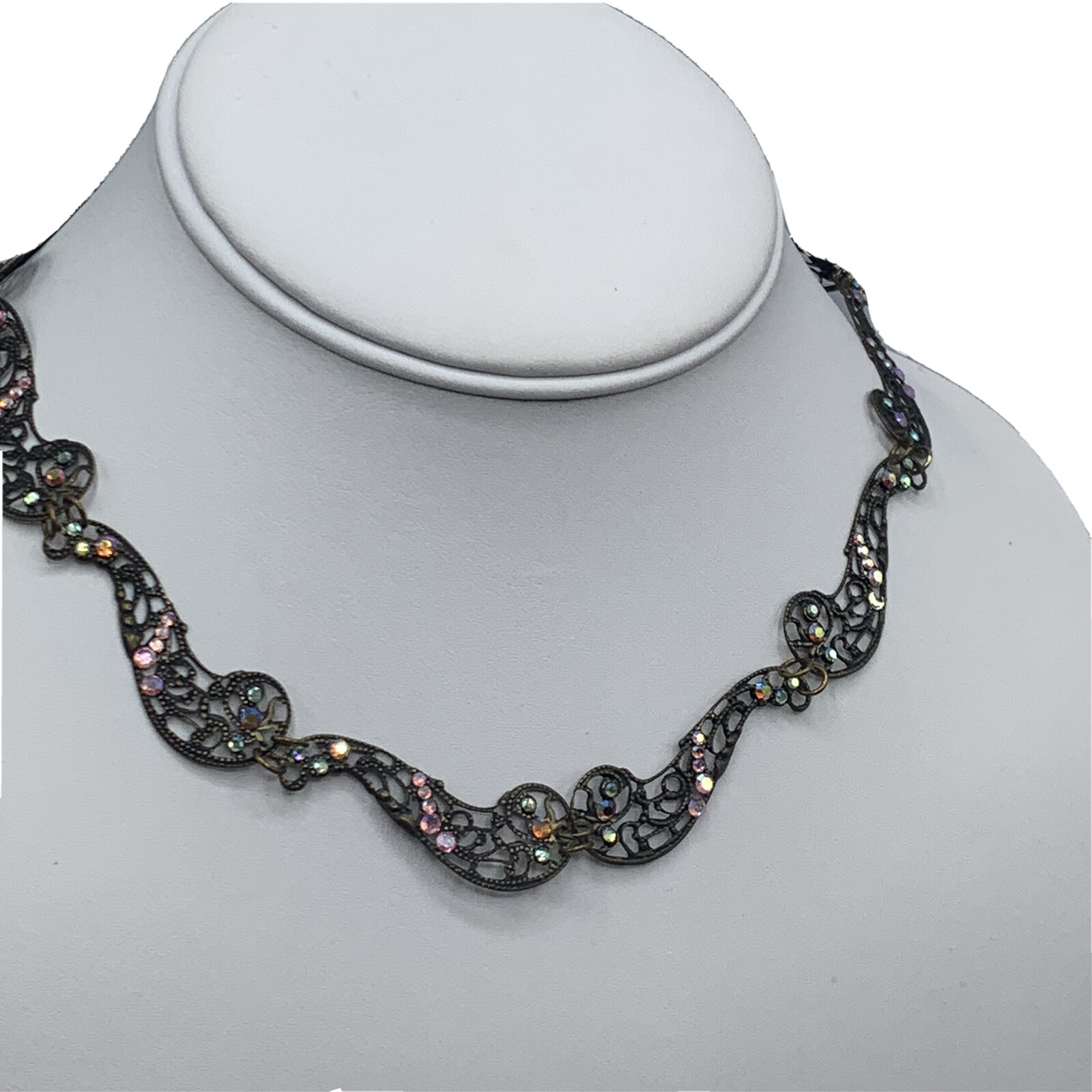 Glass Works Studio Brass Crystals Art Deco Style Dainty Necklace Flawed 14-18″