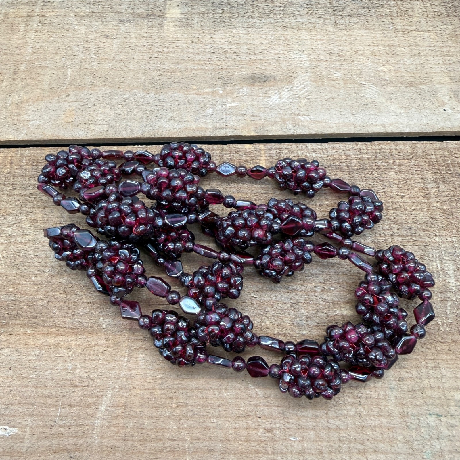 Vintage Garnet Grape Cluster Beaded Necklace 18″ Hang Continuous No Clasp