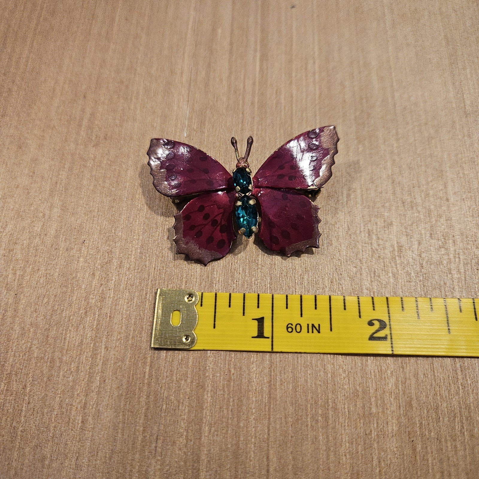 Vintage Czechoslovakia Butterfly Brooch Burgundy Enamel Teal Blue Glass Stones
