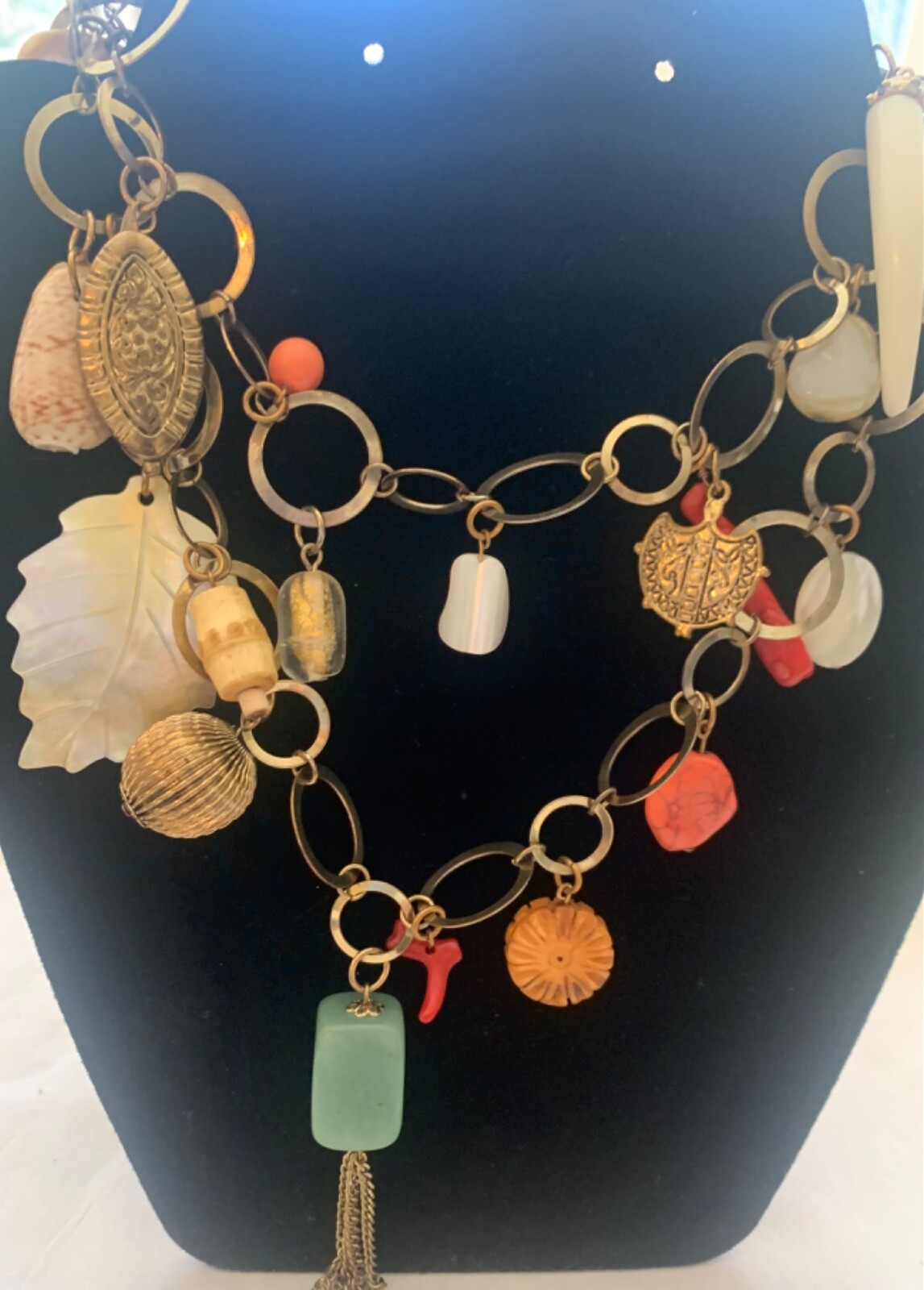 Vintage Metal Link Necklace with Glass and metal Charms stone, faux coin & shell