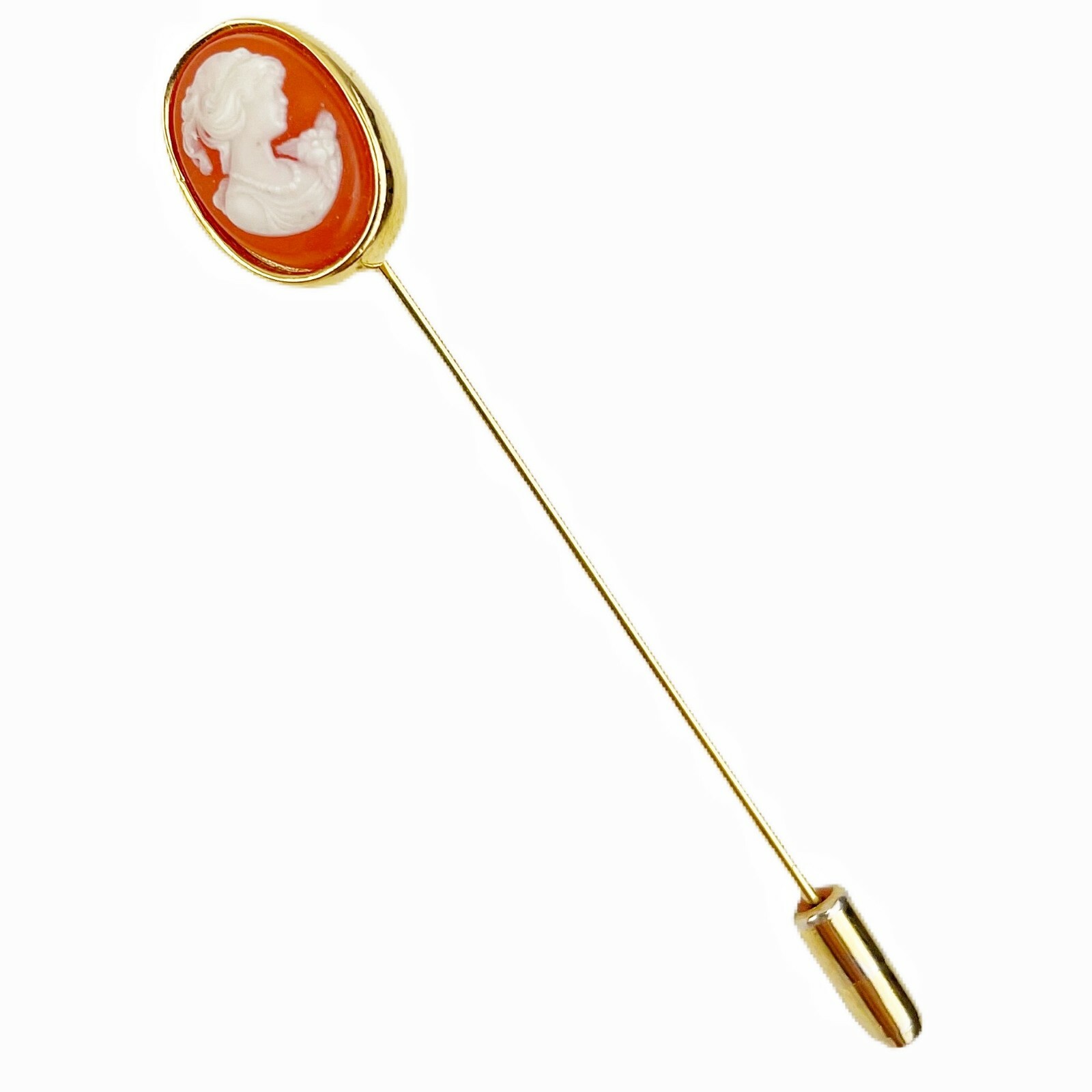 Crown Trifari Cameo Pin Hat Lapel Stick Vintage Gold Tone Orange Cream Victorian