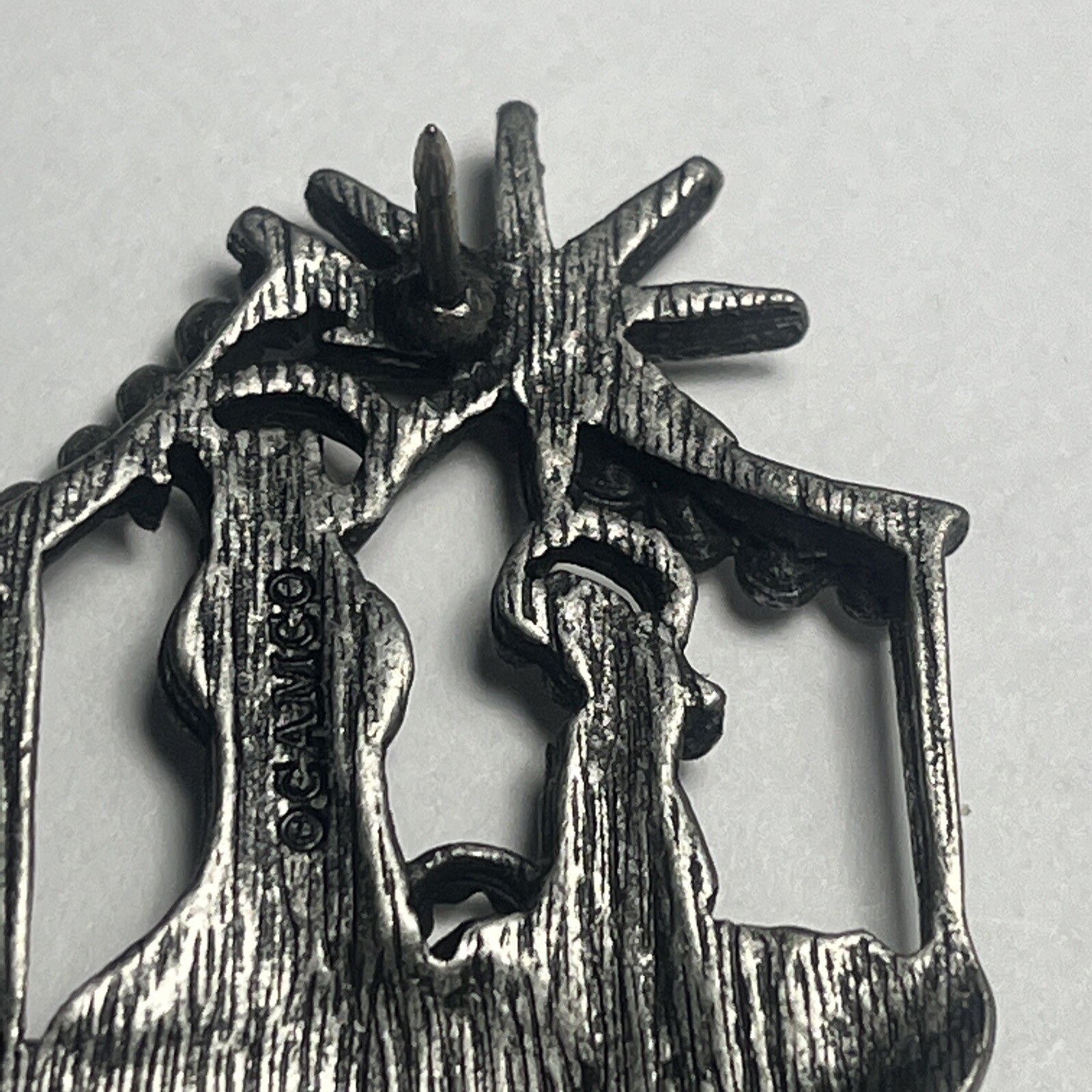 Nativity Scene Lapel Pin Pewter Clear Rhinestone Silver Tone Camco Christmas