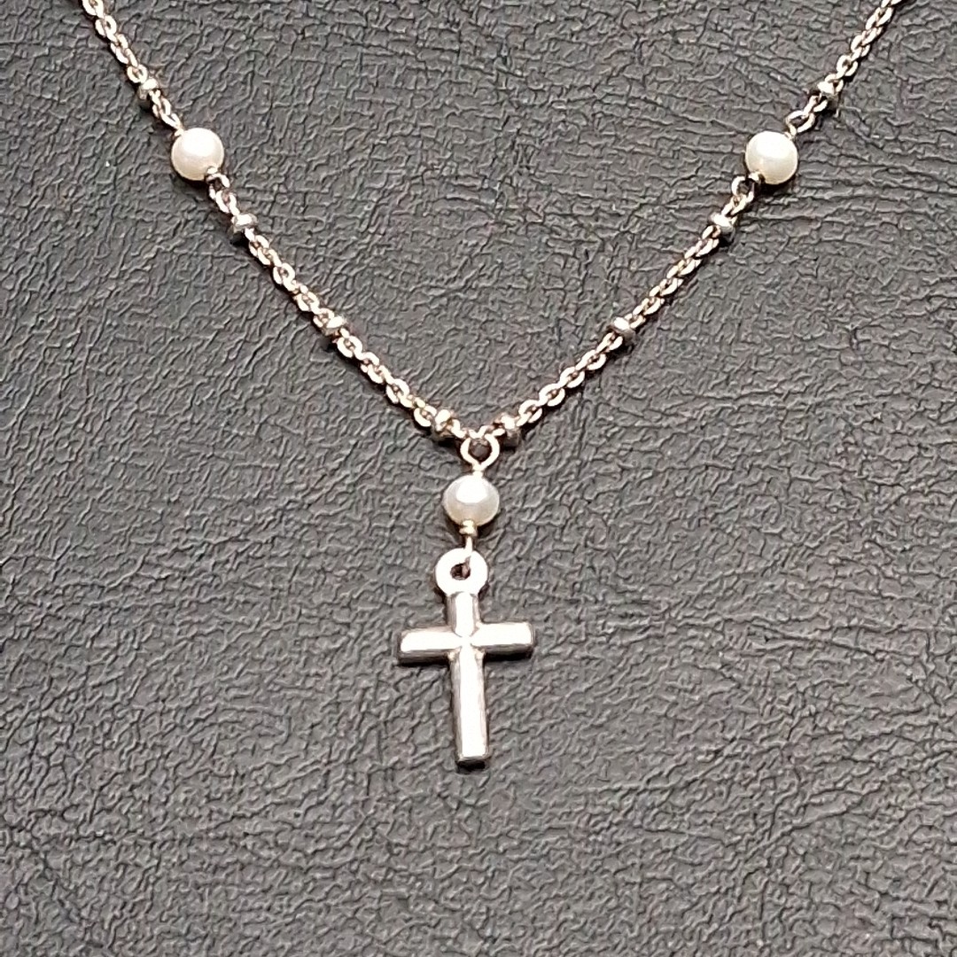 STERLING SILVER 925 Freshwater Pearl Station Necklace Cross Pendant. 17.707