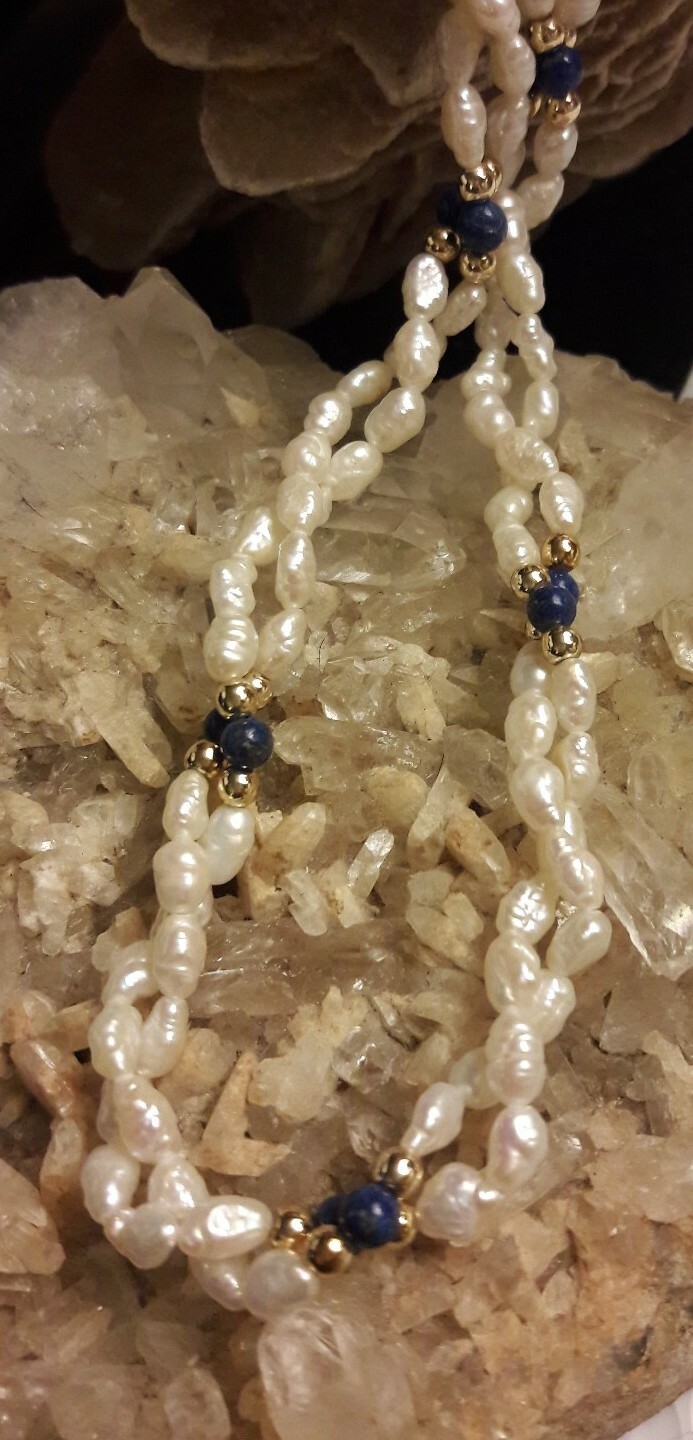 Antique Pearl Lapis Lazuli 18″ Beaded Double Necklace gold tone